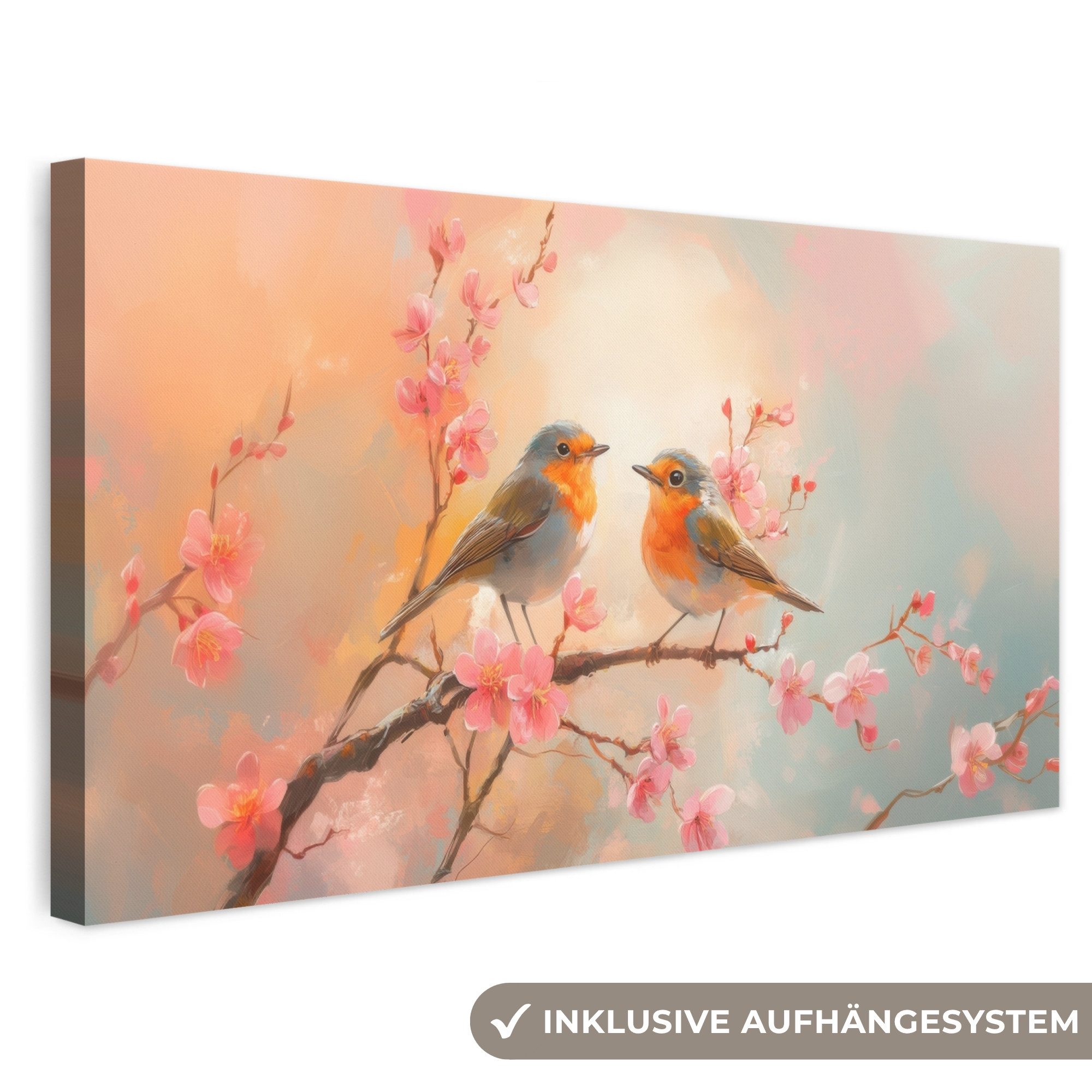 OneMillionCanvasses® Leinwandbild Panorama Rotkehlchen - Zierpflanze - Blütenzweig, Fotodruck (1 St), Wandbild, Deko Schlafzimmer Wohnzimmer Flur 40x20 cm