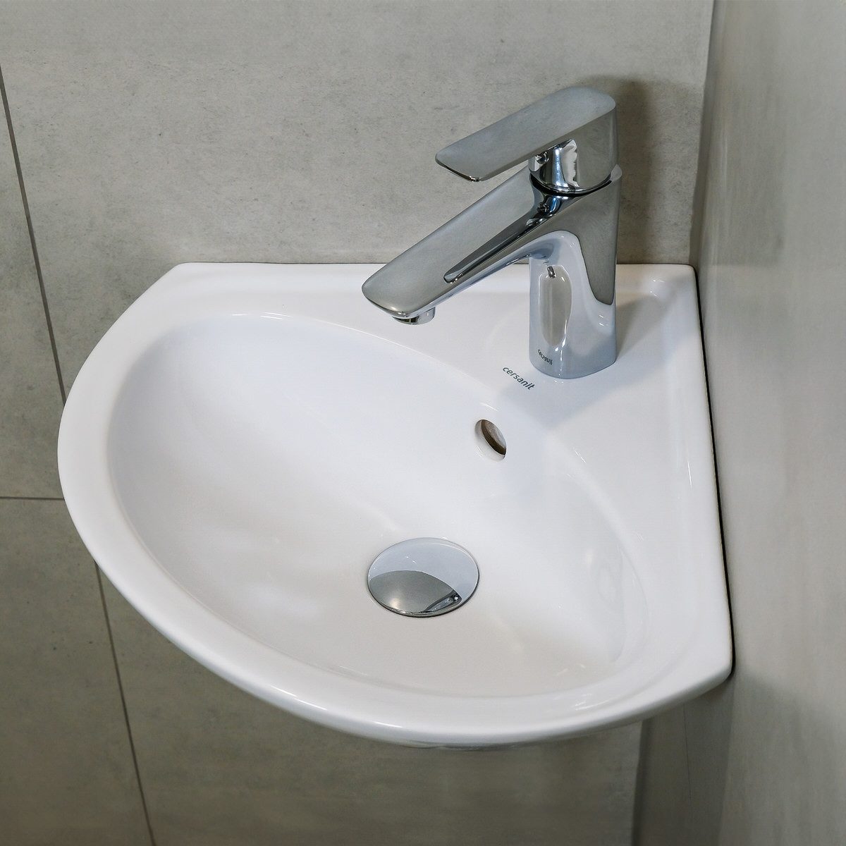 Belvit Waschbecken BV-WBE1001 aus Keramik – Eckwaschbecken mit Hahnloch Wandmontage (1-St), 36×36×15 cm kompakt für Badezimmer & Gäste WC, mit Überlauf, weiß