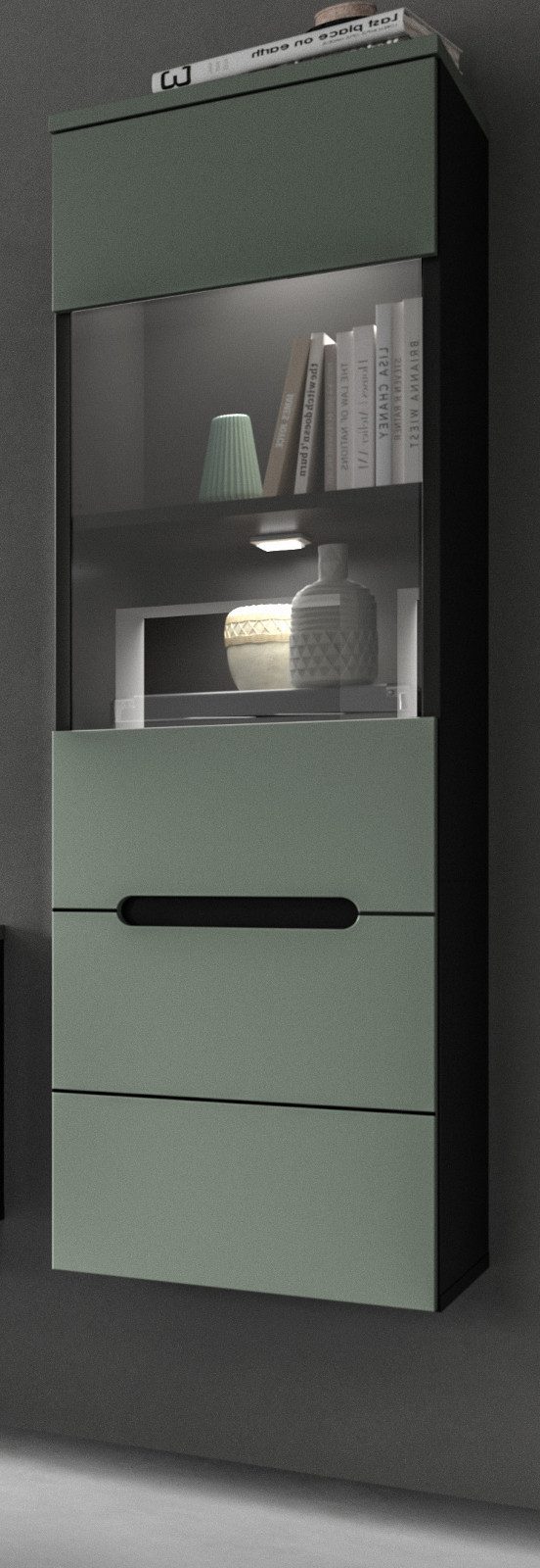 Inn.Furn Standvitrine Cooper (Vitrinenschrank in Salbei und Grau, hängend oder stehend, 36 x 125 cm) mit Soft-Close-Funktion