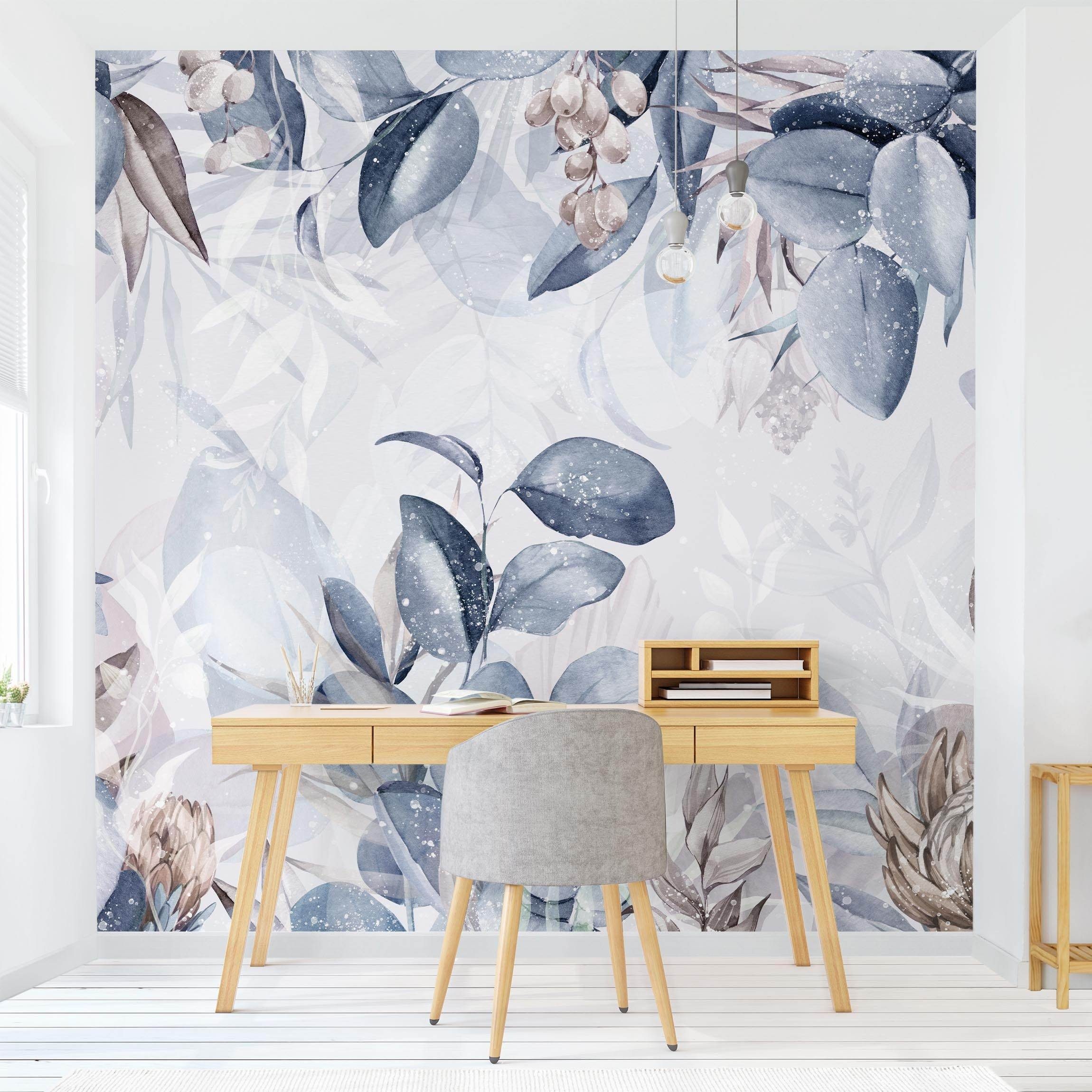 Bilderdepot24 Fototapete Blumen Botanik in Pastell Blau Beige Blumentapete Floral Natur modern, Glatt, Matt, (Vliestapete inkl. Kleister oder selbstklebend), Wohnzimmer Schlafzimmer Küche Flur Motivtapete Vliestapete Wandtapete