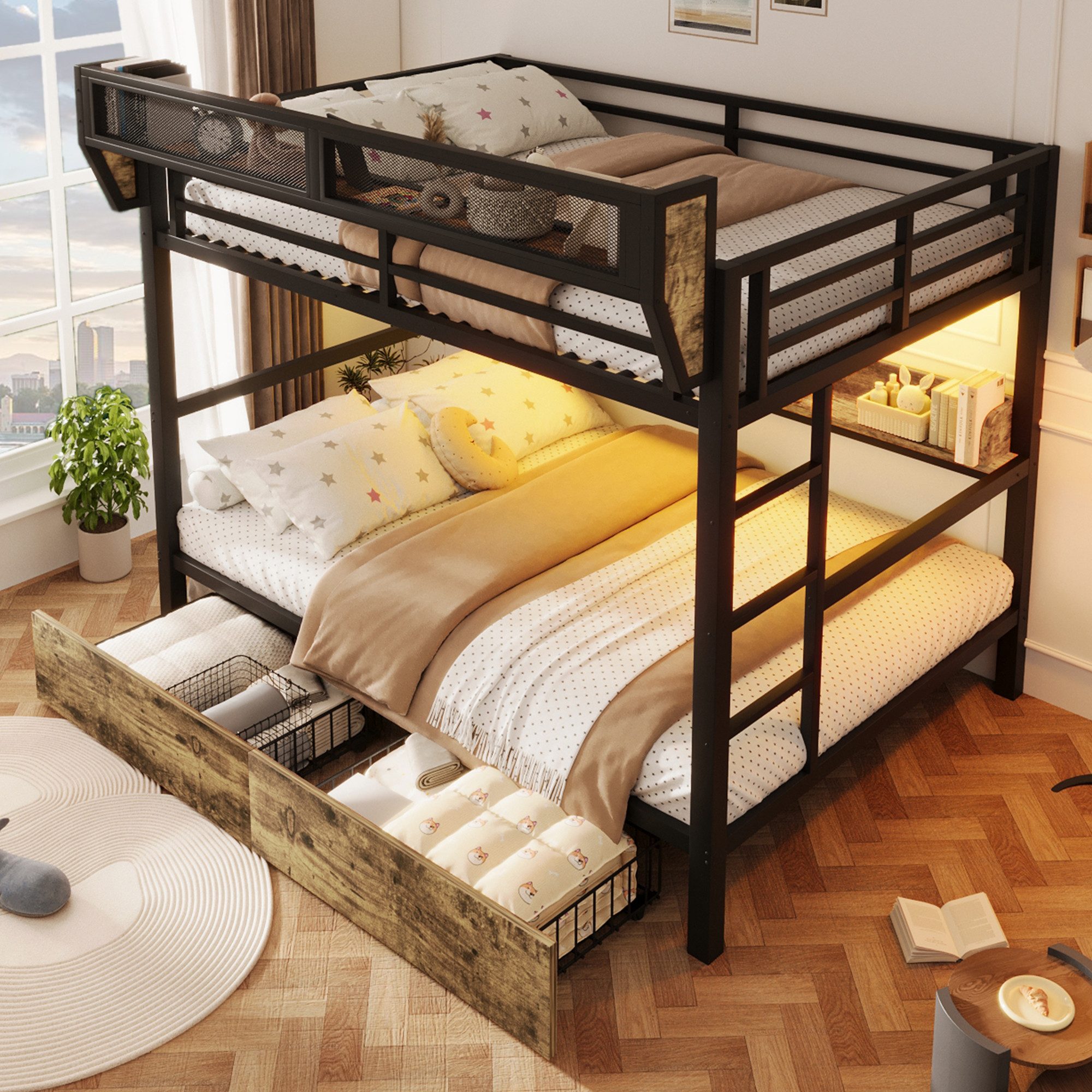 Flieks Etagenbett, Metallbett 140x200cm mit Schubladen LED-Beleuchtung Aufbewahrungskorb