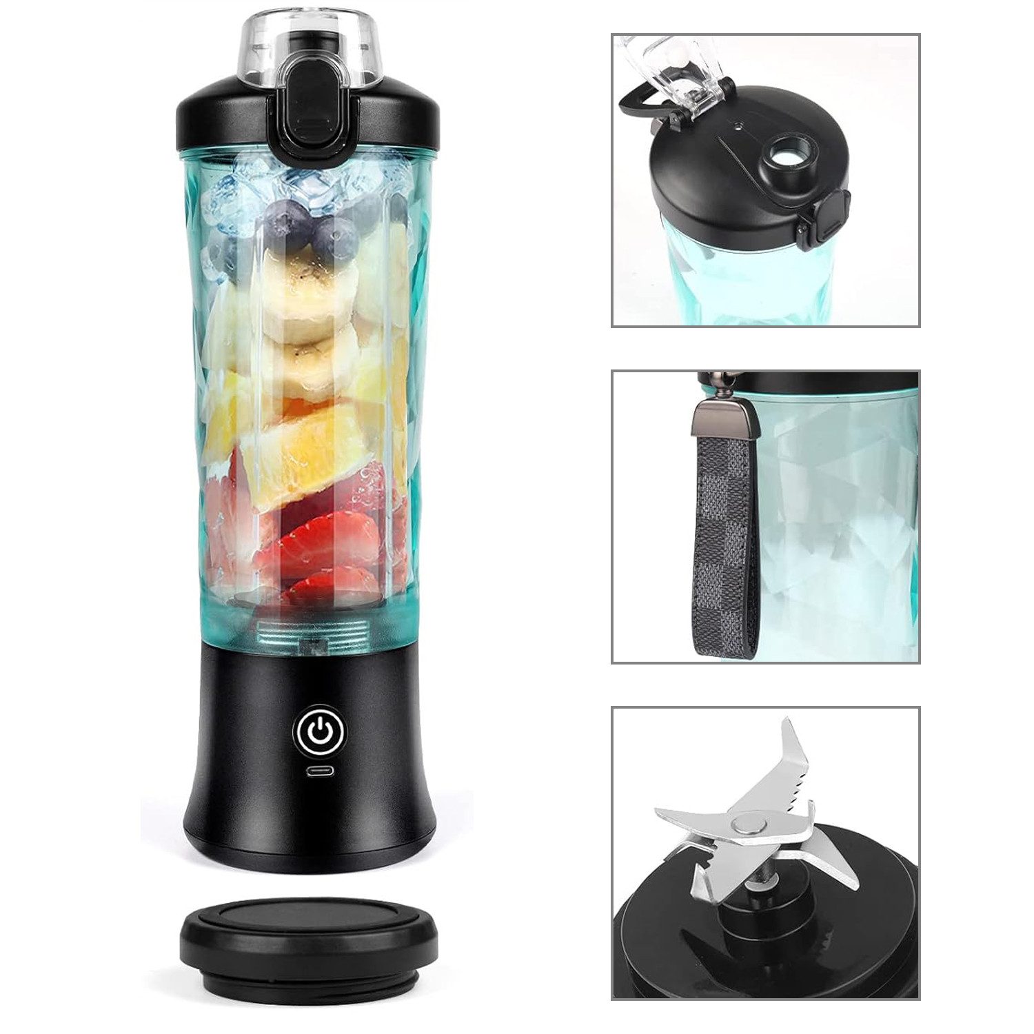 OKWISH Akku-Smoothie-Maker 600ml Mixer Smoothie Maker USB Wiederaufladbar Portable Blender, 240 W, mit 6 Klinge für Fitnessstudio Büro Camping und Reisen