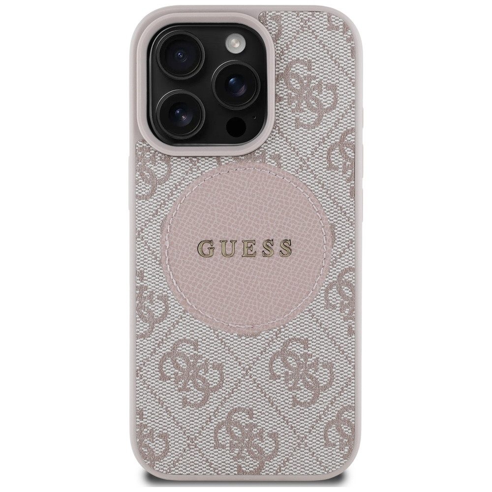 Guess Handyhülle iPhone 16 Pro Kunstleder rosa MagSafe Logo goldfarben 6,3 Zoll, Kantenschutz