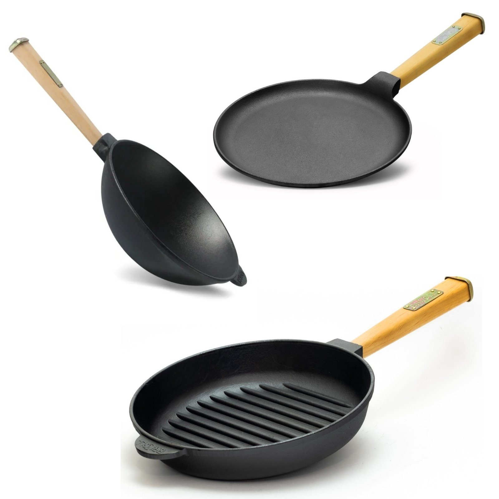 BIG-PAN Kochbesteck-Set Ø24 cm Pfannkuchenpfanne Ø24 cm Wokpfanne Ø26 cm Grillpfanne Induktion, induktionsfähig