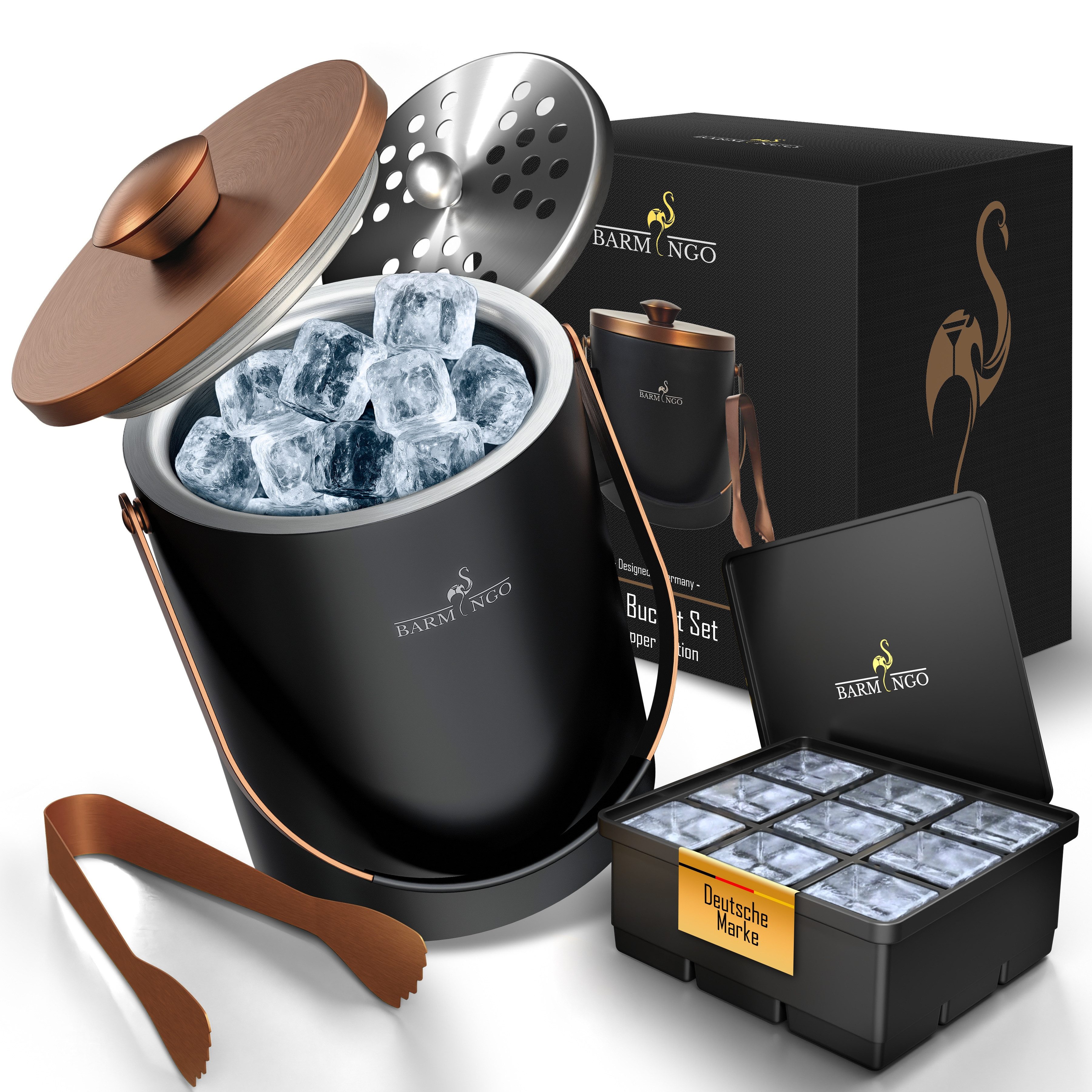 BARMINGO Eiswürfelbehälter mit Deckel (2 Liter), Edelstahl Eiskübel, (Eisbehälter Set, 3-tlg., 3 x 3 x 3 cm Eiswürfel, mit Sieb, Silikon Eiswürfelform & Zange), Eiseimer doppelwandig, isoliert, BPA-frei, Silikondeckel