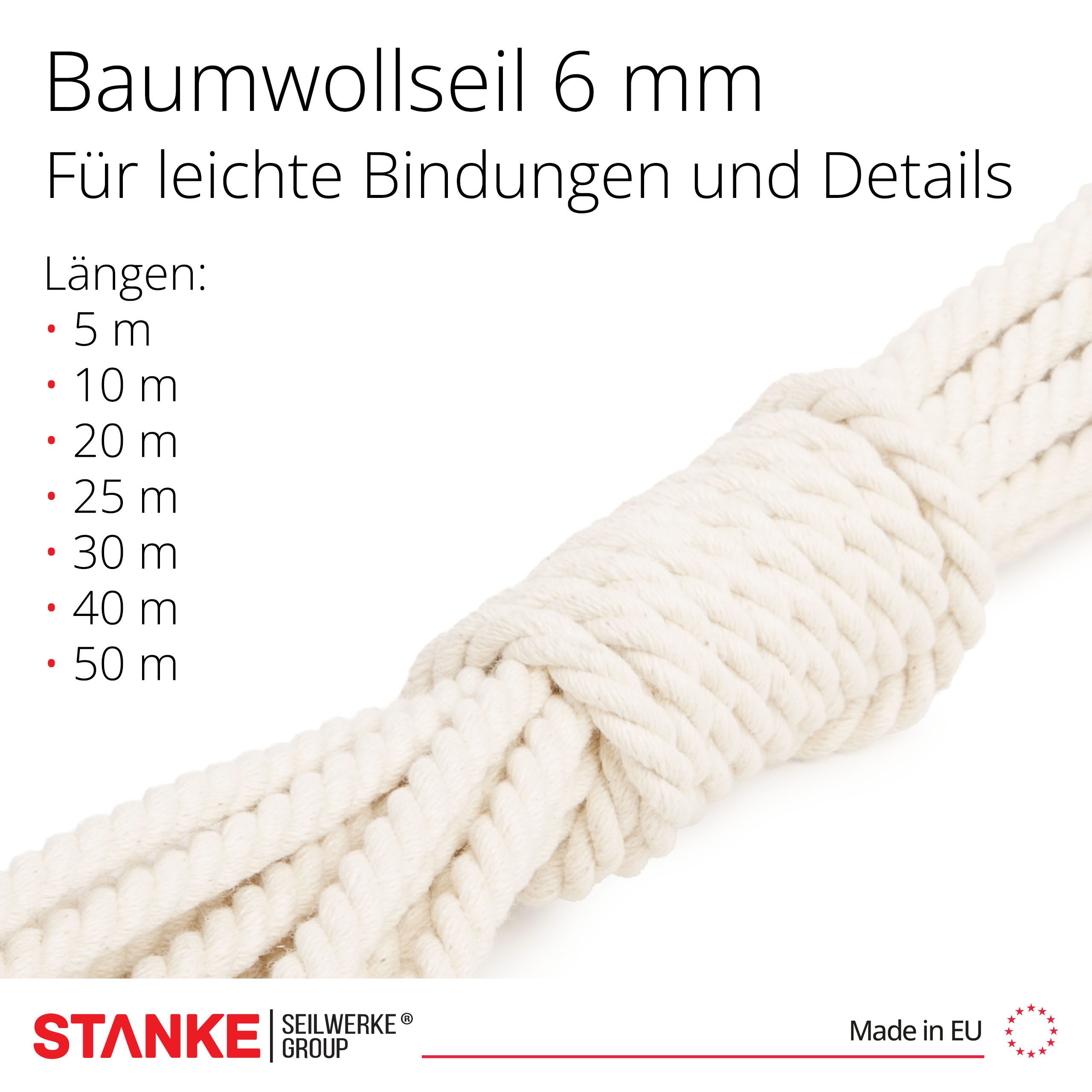 STANKE Seil Baumwollkordel 6mm x 5m 3-schäftig gedreht 100% natürliche Baumwolle (5m Rolle, 1-tlg., 5m Rolle), Pflanzenampel, Makramee, Handlaufseil, Dekoseil, färbbar, saugfähig