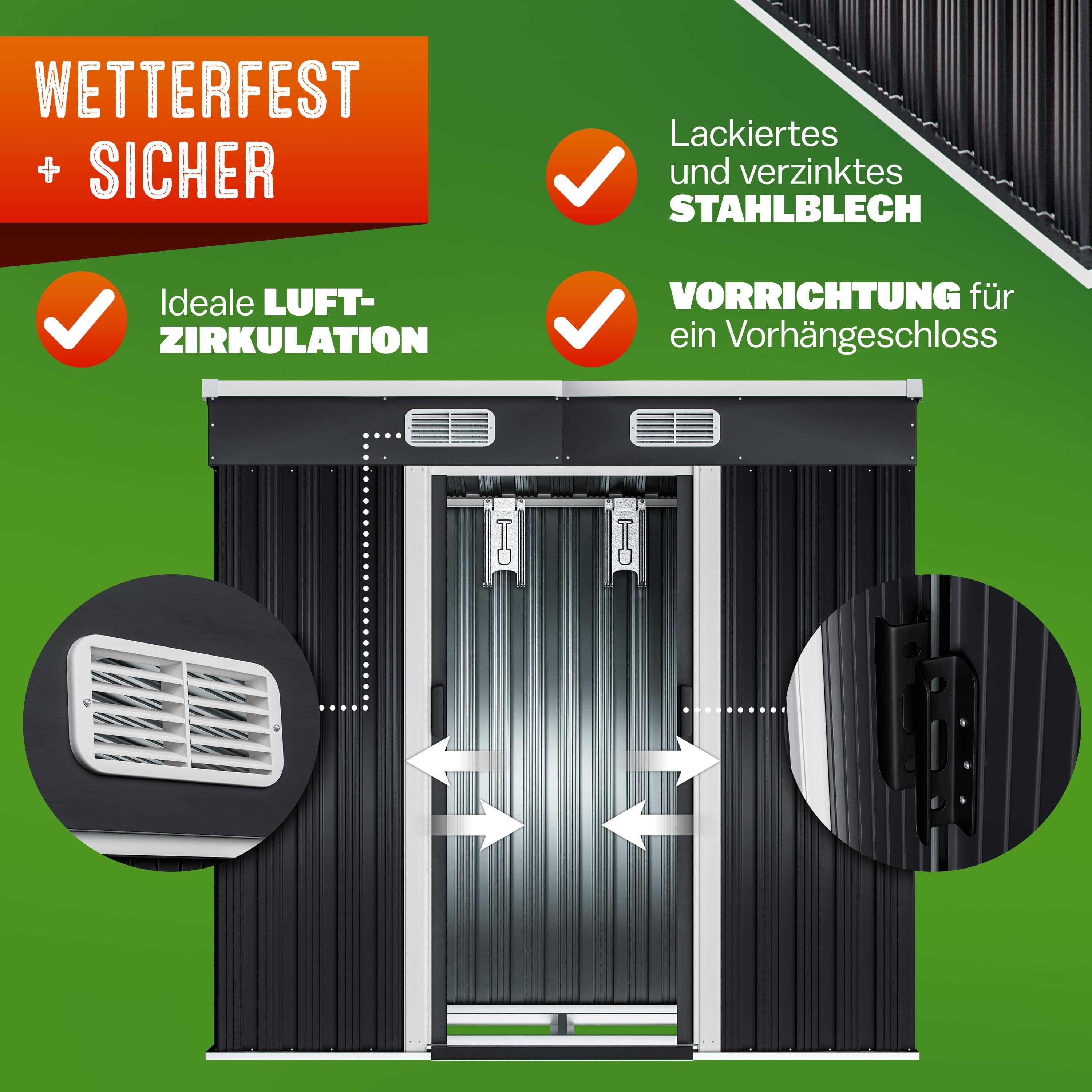 Gardebruk Gerätehaus, BxT: 122x196 cm, L Metall 2m² mit Fundament 196x122x182cm Schiebetür Anthrazit
