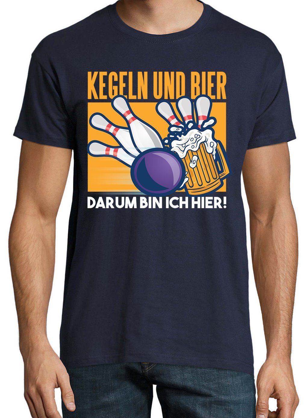 Youth Designz T-Shirt "Kegeln Und Ich Hier" T-Shirt Darum Herren Frontprint Bier, lustigem mit Bin Navyblau