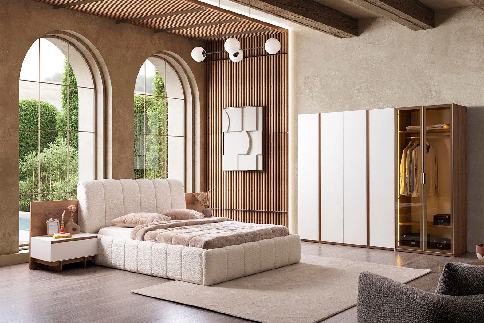 JVmoebel Schlafzimmer-Set Schlafzimmer-Set Beige aus Holz – Bequemlichkeit & Gemütlichkeit, (4-tlg., MaßeBett, MaßeKleiderschrank, Maße2x Nachttische), Made in Europe
