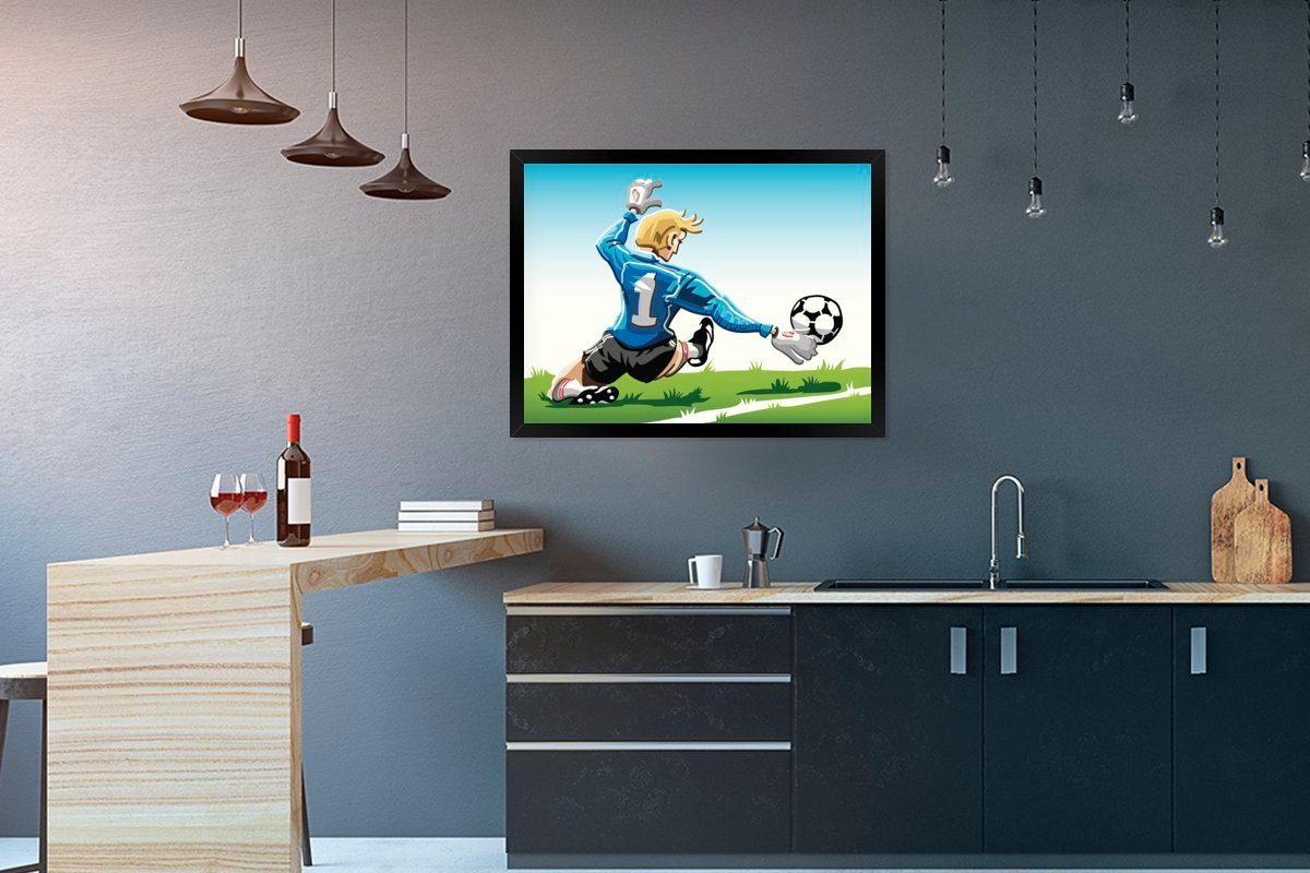 MuchoWow Poster Eine Illustration eines Torwarts, der den Fußball stoppt - Jungen -, (1 St), mit Rahmen, Kunstdruck, Gerahmtes Poster, Schwarzem Bilderrahmen