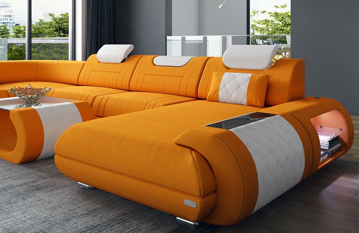 M Mikrofaser Bettfunktion Dreams Wohnlandschaft Polster Sofa mit Rimini Sofa Form U Couch Stoffsofa, wahlweise apricot-weiß Stoff