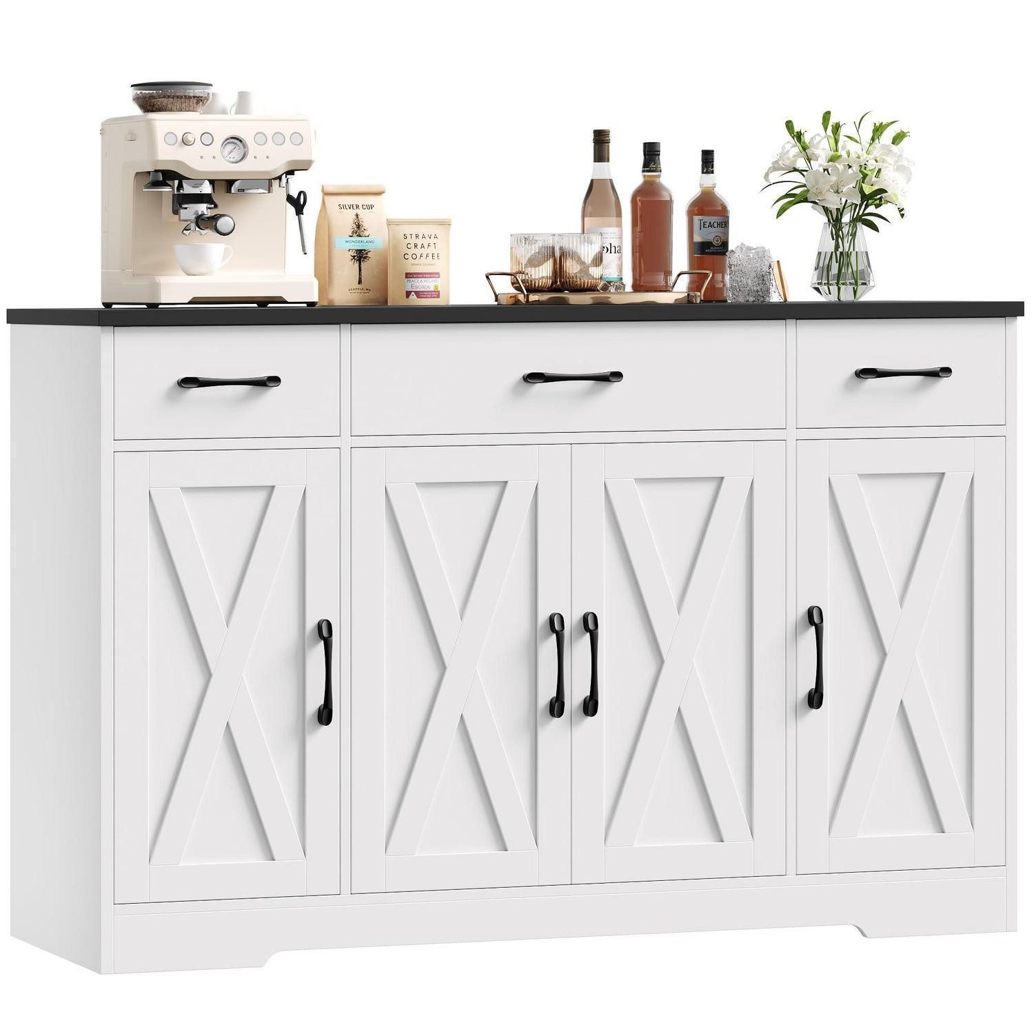 Küchenbuffet Sideboard 140 cm 3 Schubladen 4 Türen Regale Wohnzimmer Weiß Schwarz