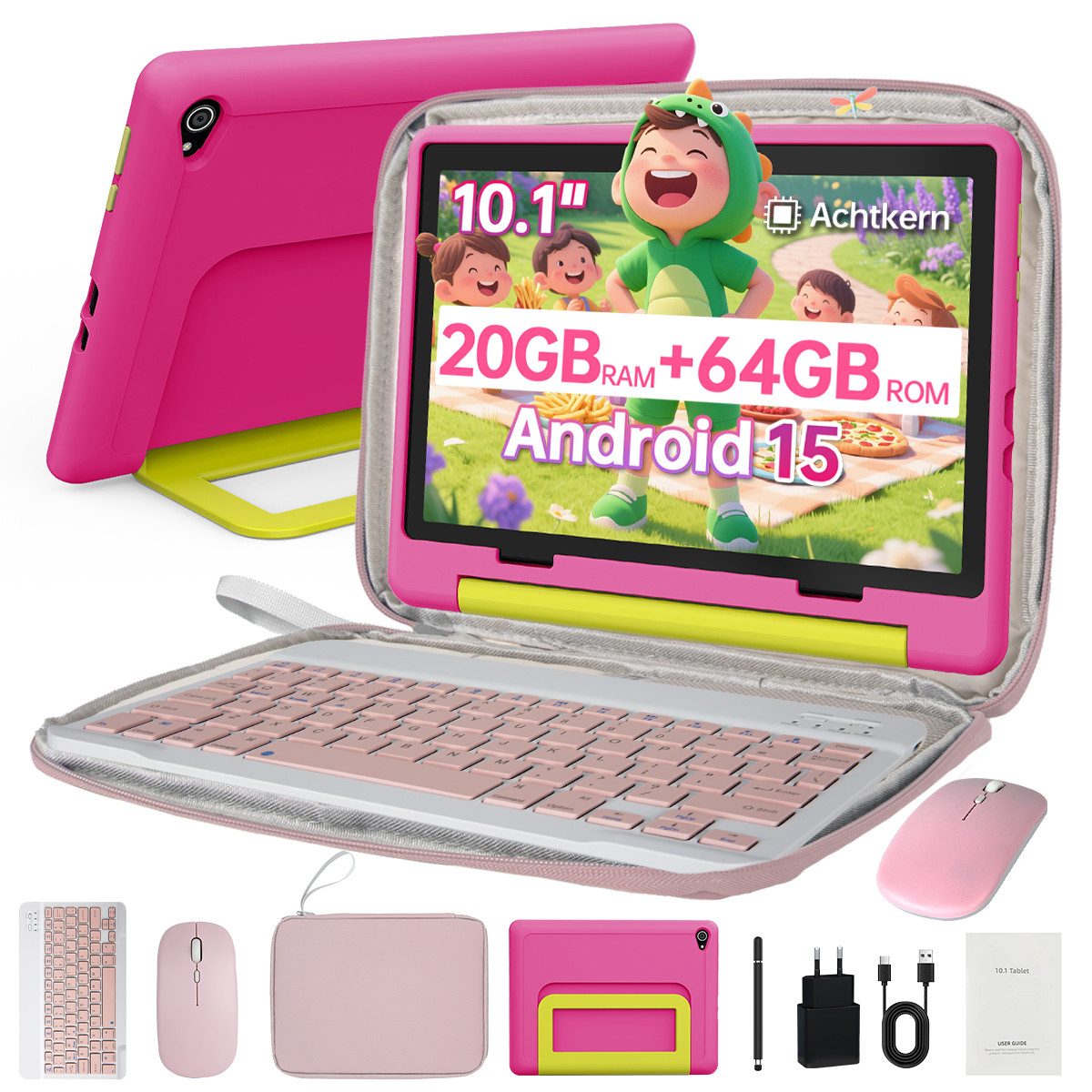 BUFO Android 15 10-Zoll, 20(3+17) GB RAM + 64 GB ROM (TF Expand 1TB) Kinder Tablet (10", 64 GB, Android 15, WiFi 6, Android 15, HD IPS 1280x800 mit Tastatur, Maus, Stift und Tasche)