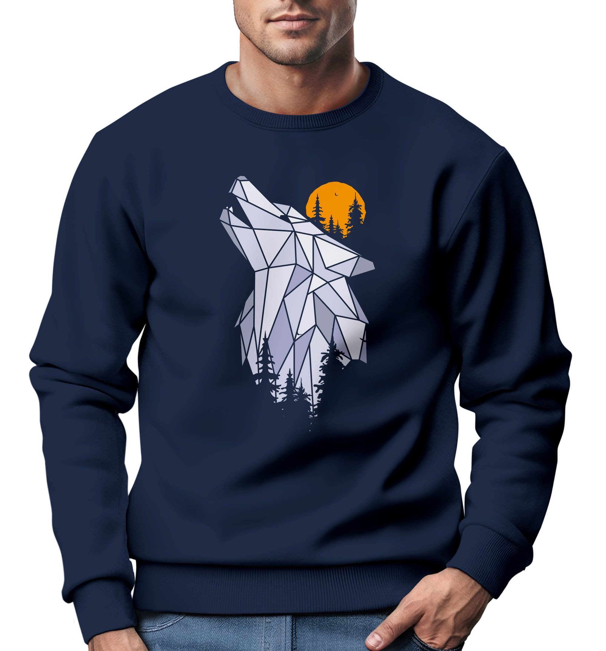 Sweatshirt Sweatshirt Herren Polygon Print Wolf Wald Outdoor Adventure Natur