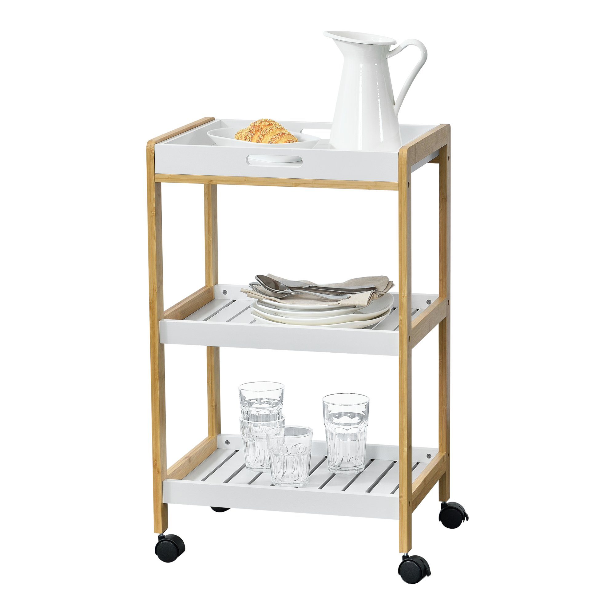 en.casa Servierwagen, »Lugano« Beistellwagen mit Ablage weiß/natur 75x46x35cm