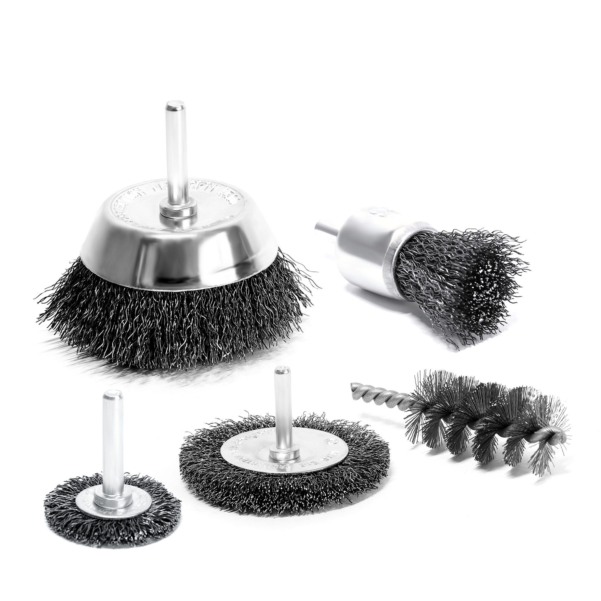S&R Drahtbürste Set für Bohrmaschinen, gewellter Stahldraht - Rundschaft 6mm, Winkelschleifer, Flex, (Set 5 tlg, 5-tlg., Scheiben-, Topf-, Pinsel- und Zylinderstahlbürste), für Sicheres entrosten, entgraten, abtragen, schleifen und bearbeiten