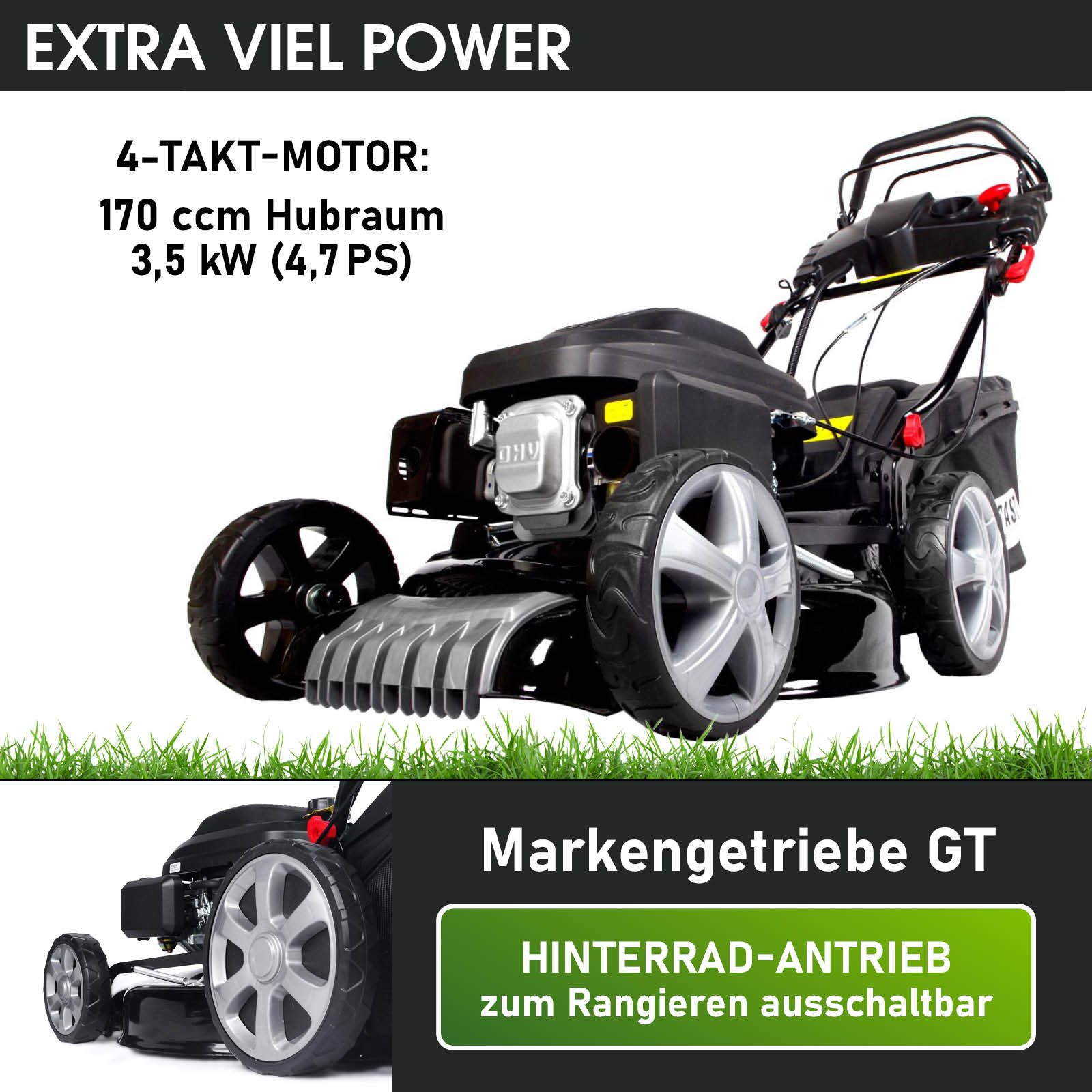 BRAST petrol lawnmower with drive, 3.5kW (4.76hp), electric start, 4-stroke OHV engine, 46 cm cutting width, 30-80mm cutting height, 60L grass catcher, steel housing, TÜV certified