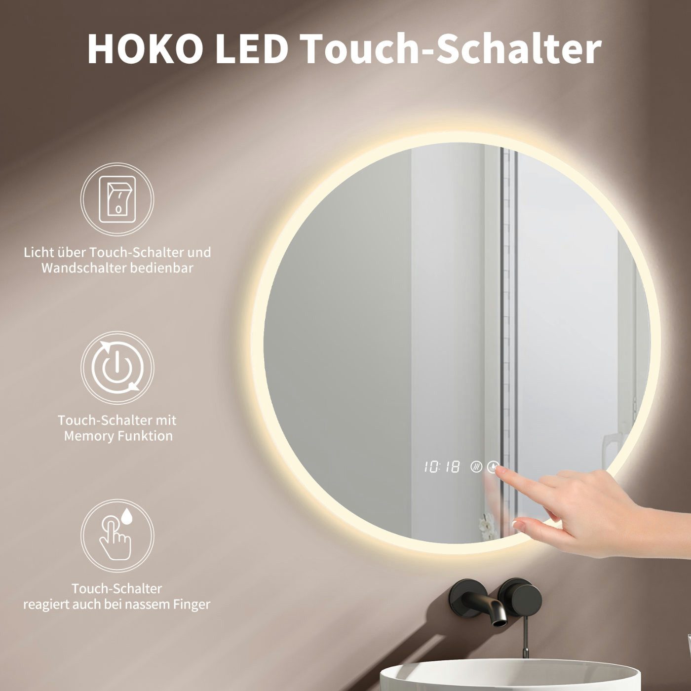 HOKO Badspiegel mit beleuchtung rund Anti-fog 60cm / 80cm+Schwarz / Gold+ (Warmweiß/Kaltweiß/Neutral. Licht mit Touch Schalter und mit Wandschalter einschaltbar. Memory-Funktion. IP44, 5mm HD Glass, Farbtemperatur stufenlos einstellen 2700K-6500K), Energiesparend LED beleuchtet