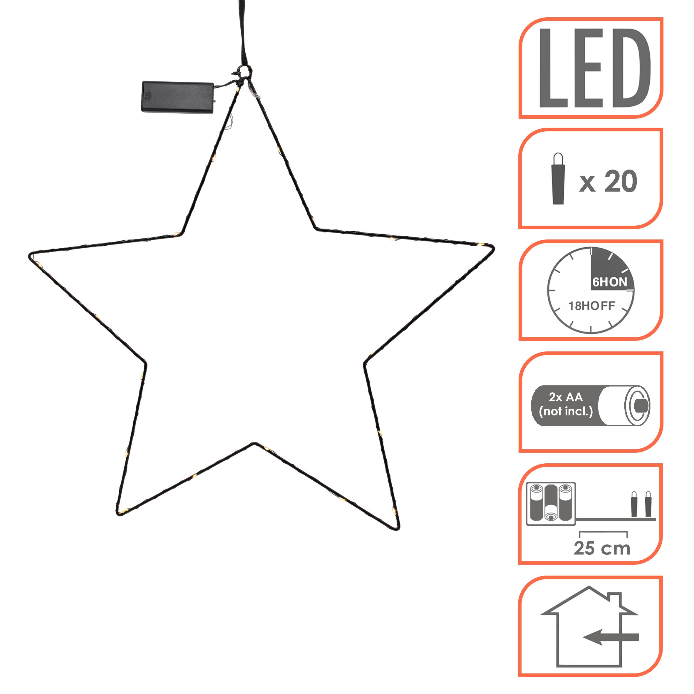 Spetebo LED Stern Metall Leuchtstern zum Hängen schwarz 6 Stunden AN / 18 Stunden AUS, Timer, LED fest integriert, warm weiß, Länge der Zuleitung ca. 25 cm