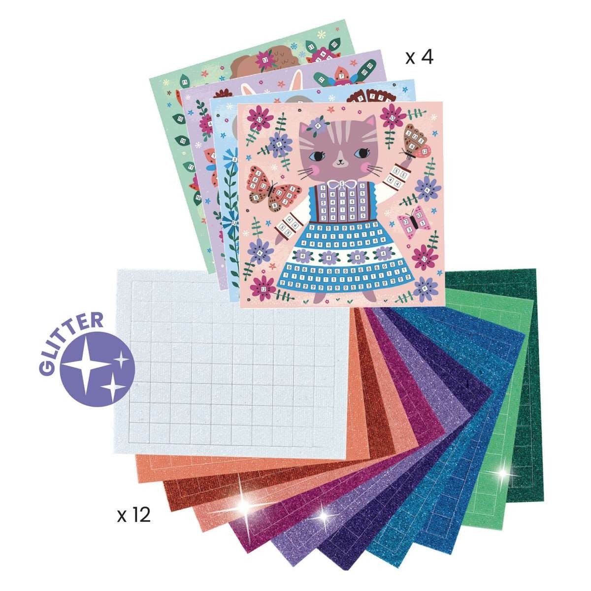 DJECO Kreativset Mosaik-Bastelset für Kinder ab 5, Tiermotive mit Moosgummi & Glitter
