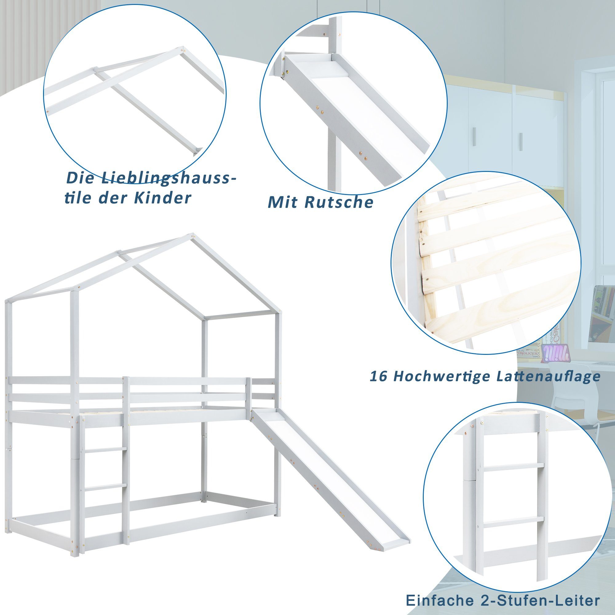 Rutsche aus Etagenbett 2 Einzelbetten), zu Hausbett (90x200 SOFTWEARY Hochbett weiß umbaufähig Leiter Lattenrost, Rausfallschutz, mit inkl. und Kinderbett Kieferholz, Holzbett 2 cm, Schlafgelegenheiten,