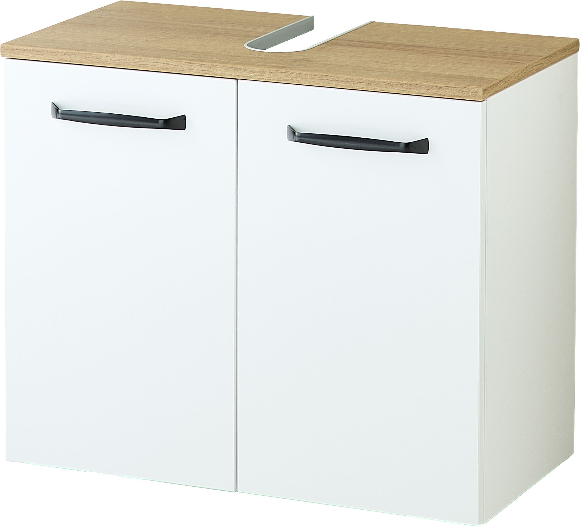 Saphir Waschbeckenunterschrank Quickset 500, 2 Türen, Siphonausschnitt Waschbeckenschrank inkl. Türdämpfer, Griffe in Schwarz