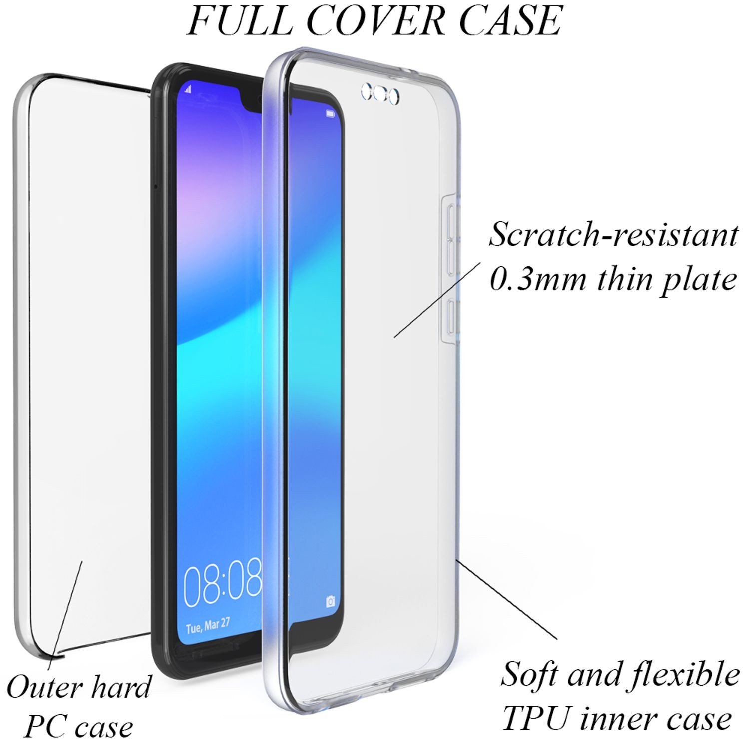 Nalia Smartphone-Hülle Huawei P20 14,7 cm (5,8 Zoll), Klare 360 Grad Hülle / Rundumschutz / Transparent / Displayschutz Case