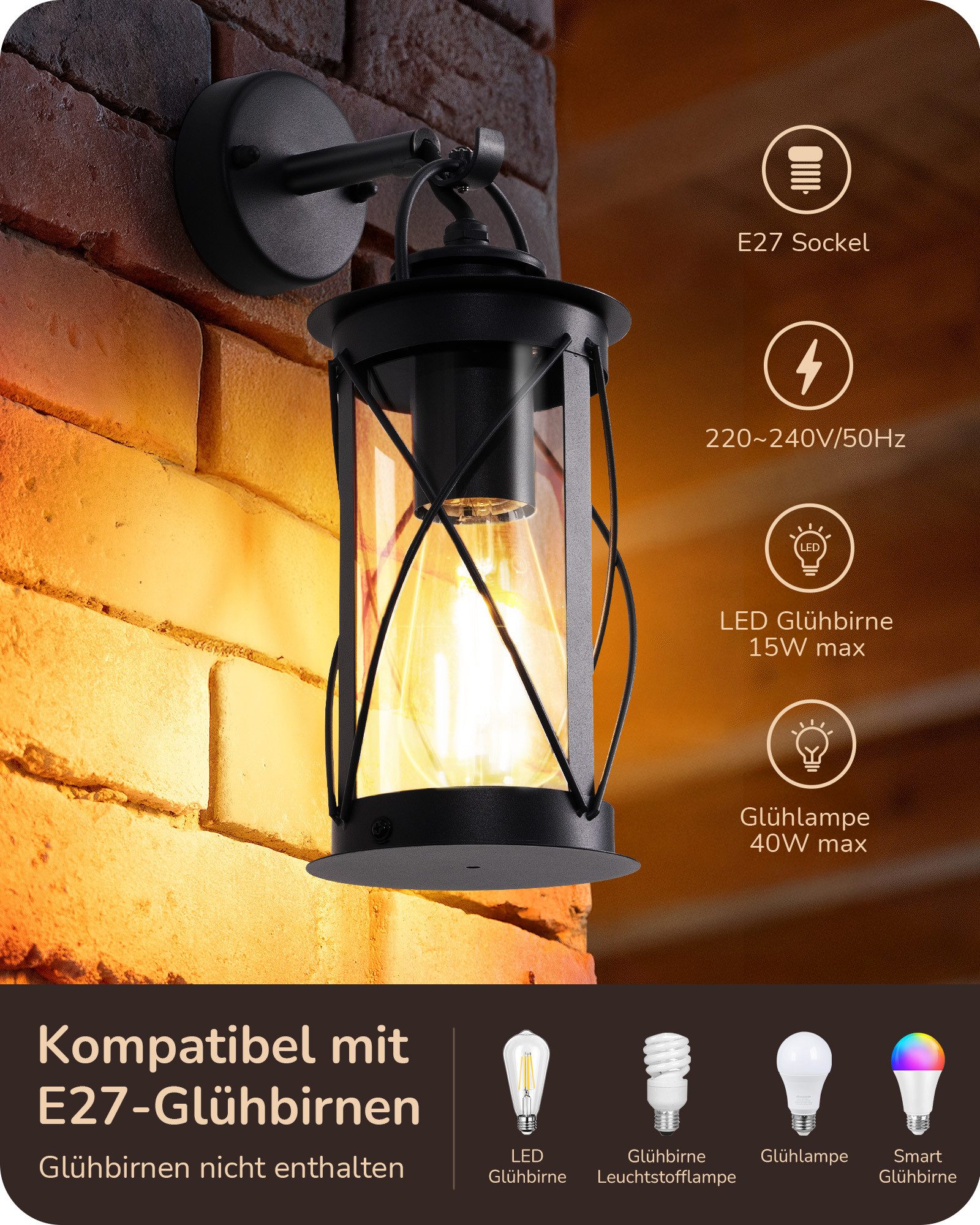 EDISHINE Außen-Wandleuchte, ohne Leuchtmittel, Retro Wandbeleuchtung für Café, Bar, Terrasse und Hof