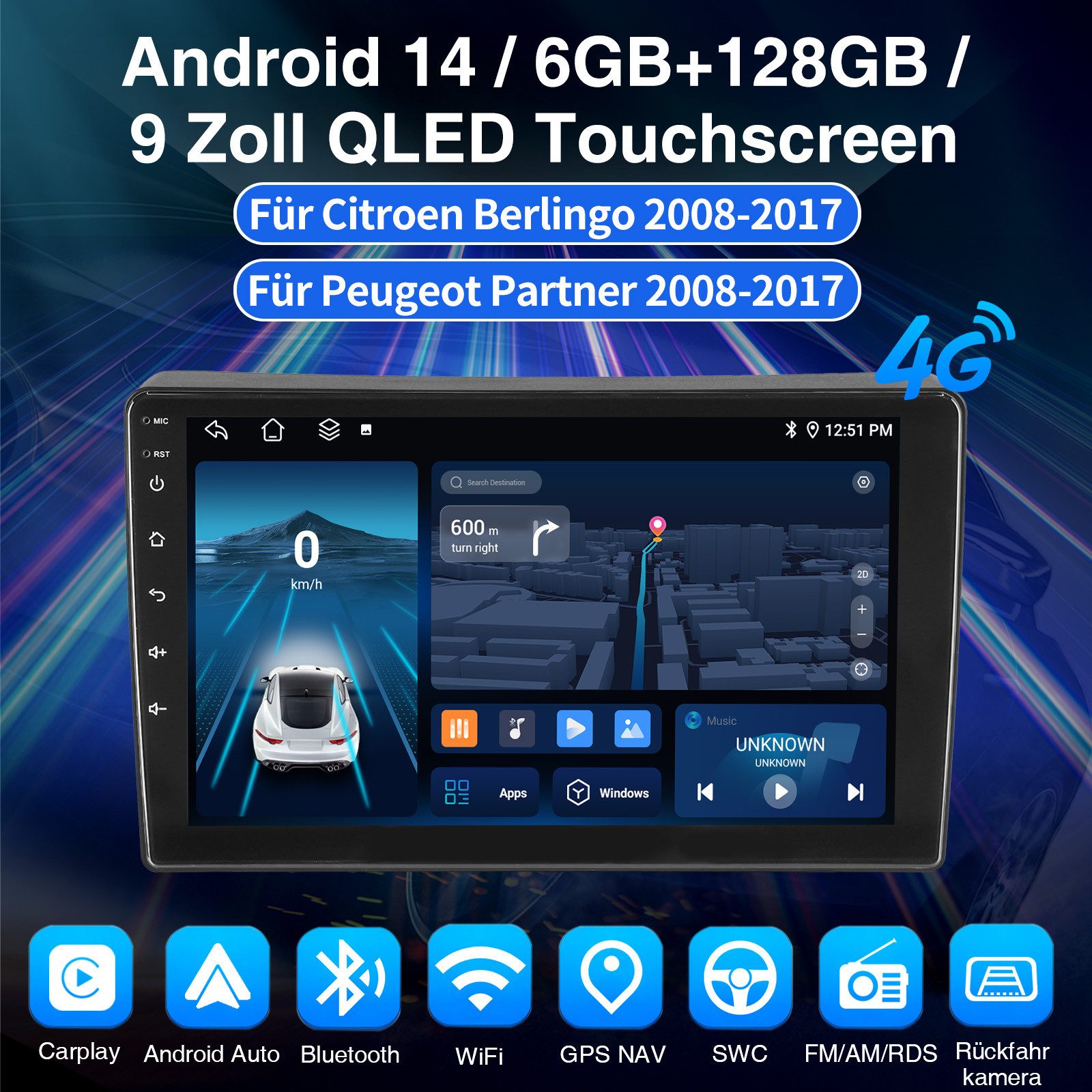 ESSGOO 4G DAB+ CarPlay Android Autoradio Für Citroen Berlingo Peugeot Partner Autoradio (DAB (optional), DAB+ (optional), RDS, 4G LTE, AM, FM, 6GB+128GB, Carplay Android Auto Bluetooth EQ USB GPS Navi WIFI Touchscreen)