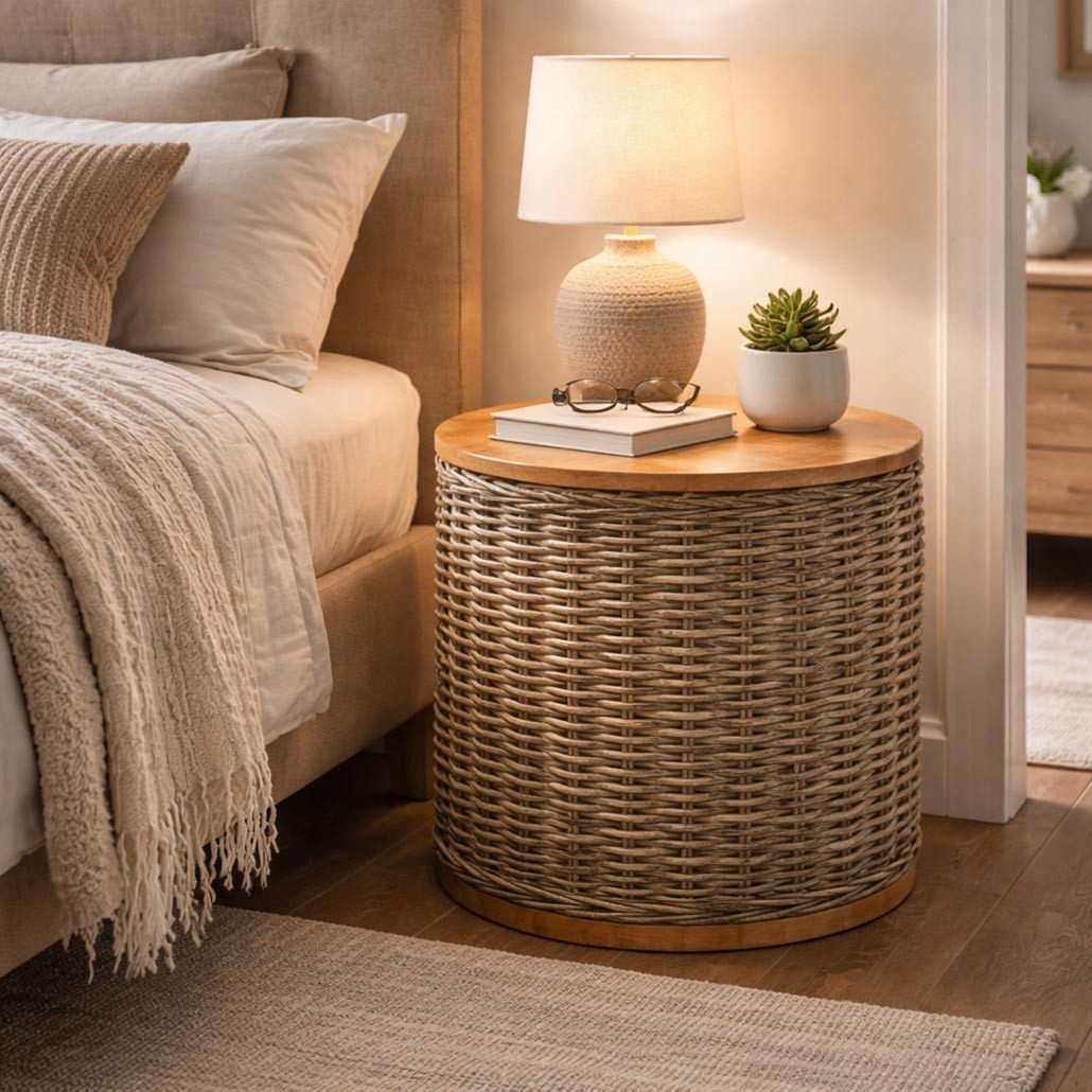 Kobolo Beistelltisch Tisch MARTA Holz und Rattan mit abnehmbaren Deckel (Einzelstück, 1-St., Einzelstück), Dm. 51x H 50,50 cm