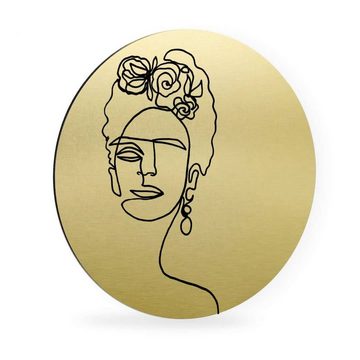 K&L Wall Art Gemälde Metallposter Rund Frida Kahlo abstrakte Linework moderne Goldoptik, Metalloptik Wandbild Ø 30cm