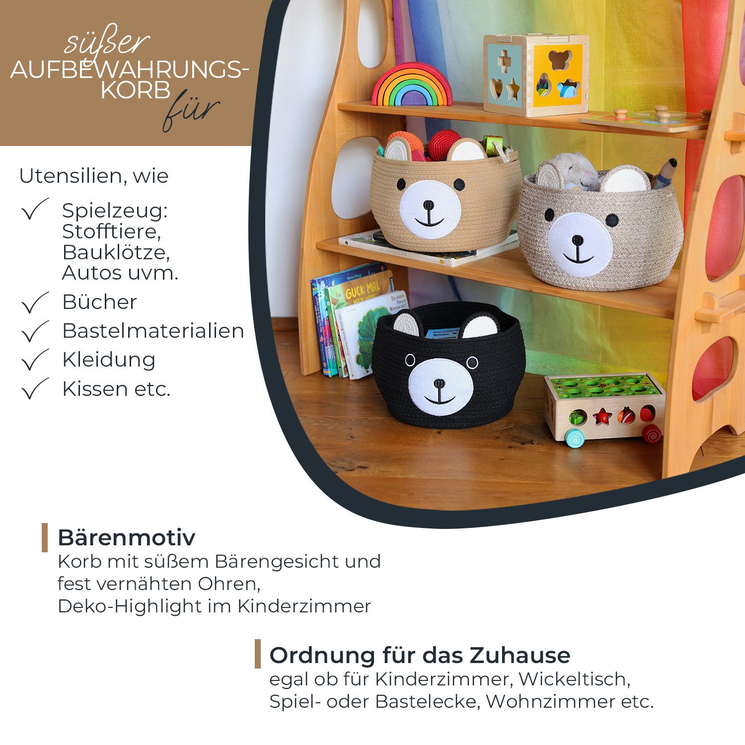 HMF Aufbewahrungskorb Aufbewahrungskorb mit versteckten Griffen, Korb für Kinderzimmer aus Baumwolle, Bär, Hellbraun