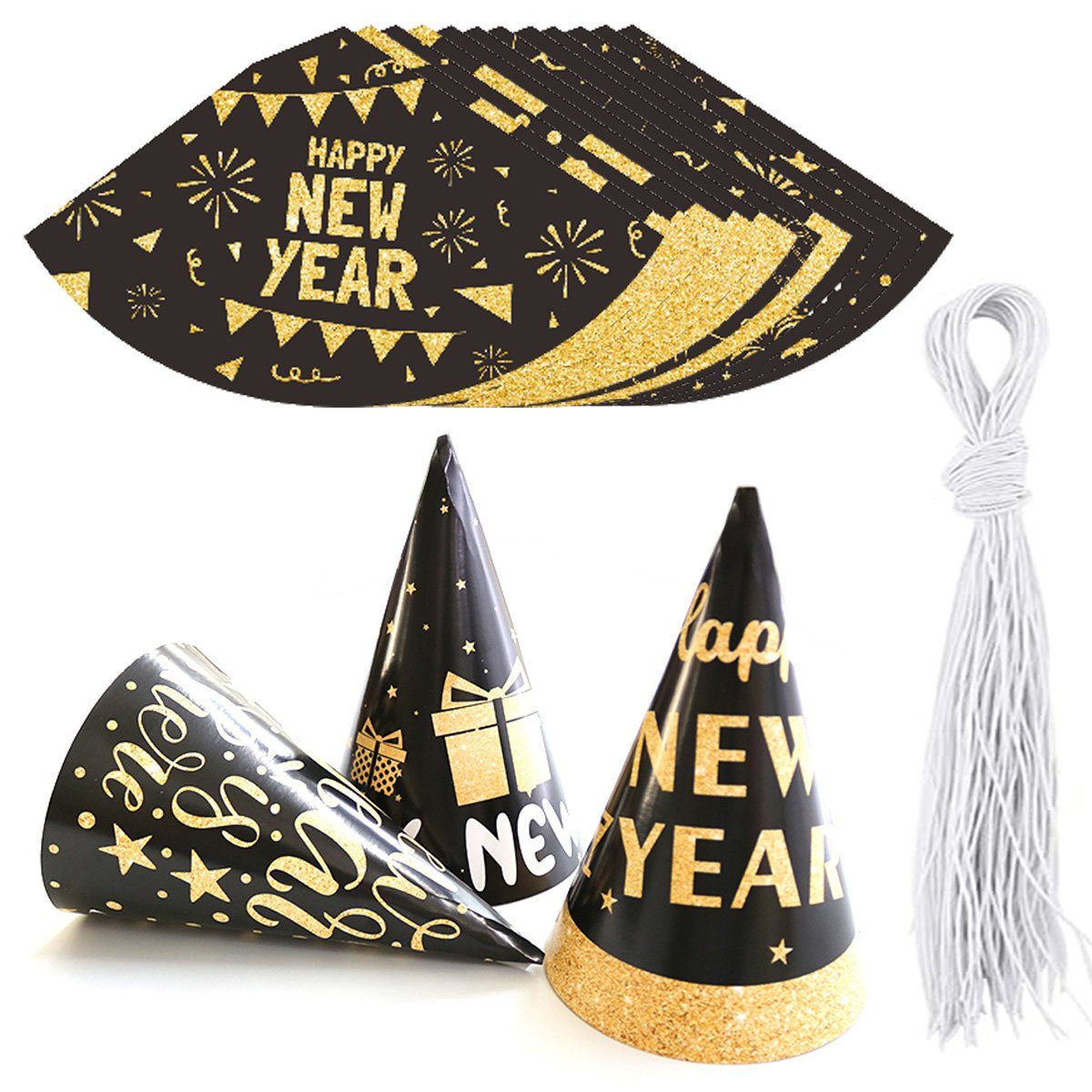 Partyhüte Rwoythk 2024 Neujahr Schwarz 1 Papierdekoration Zubehör, Gold Hüte Stil Stück 12 Silvester