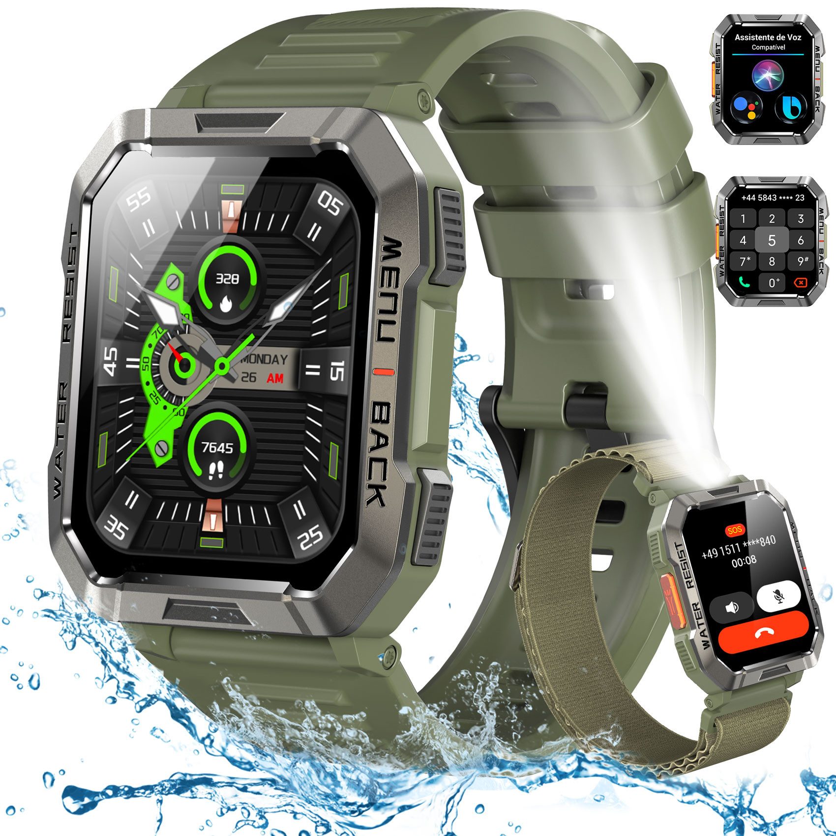 blackview 2026 900-mAh-Akku,Smartwatch Herren Militärqualität,100 Tage Standby Smartwatch (2.01 Zoll, iOS&Android) Packung, 2-tlg., 2 Armbänder / 3 Armbänder und Ladekabel, 2,01", LED Taschenlampe/Kompass/SOS,Schrittzähler, für Android und iOS