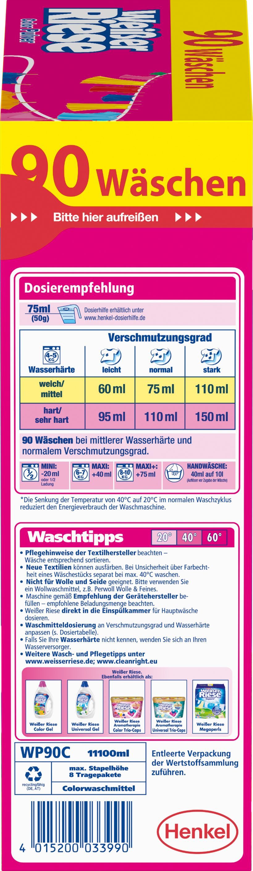 Weißer Riese Universal (1x 90 WL) & Color (2x 90 WL) Colorwaschmittel (3er-Set, [3-St. Kalt-Aktiv schon ab 20° C)