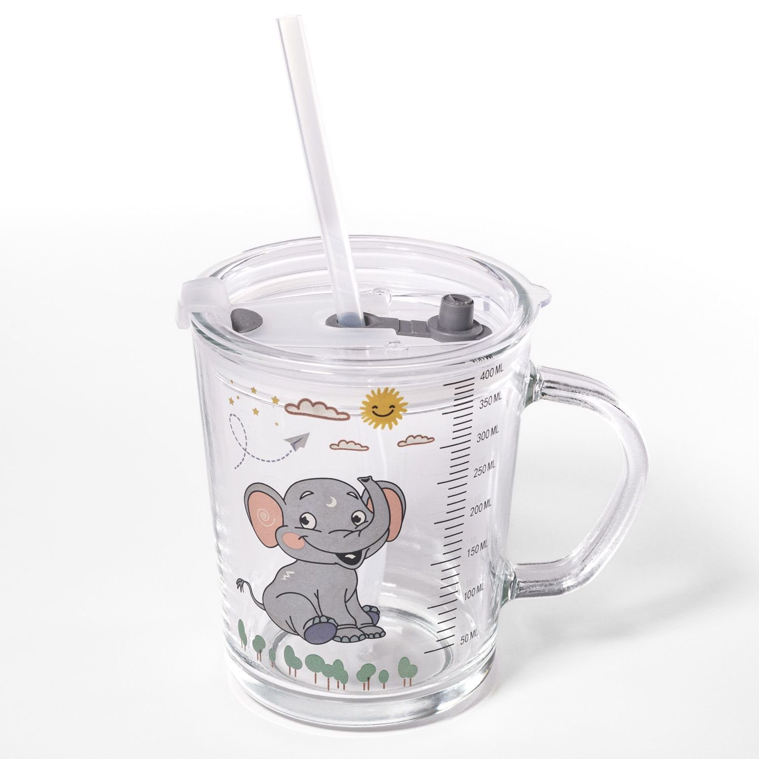 Intirilife Kinderbecher, Glas, Kinder Trinkbecher transparent mit Deckel Strohhalm mit Elefant Design Design Elefant