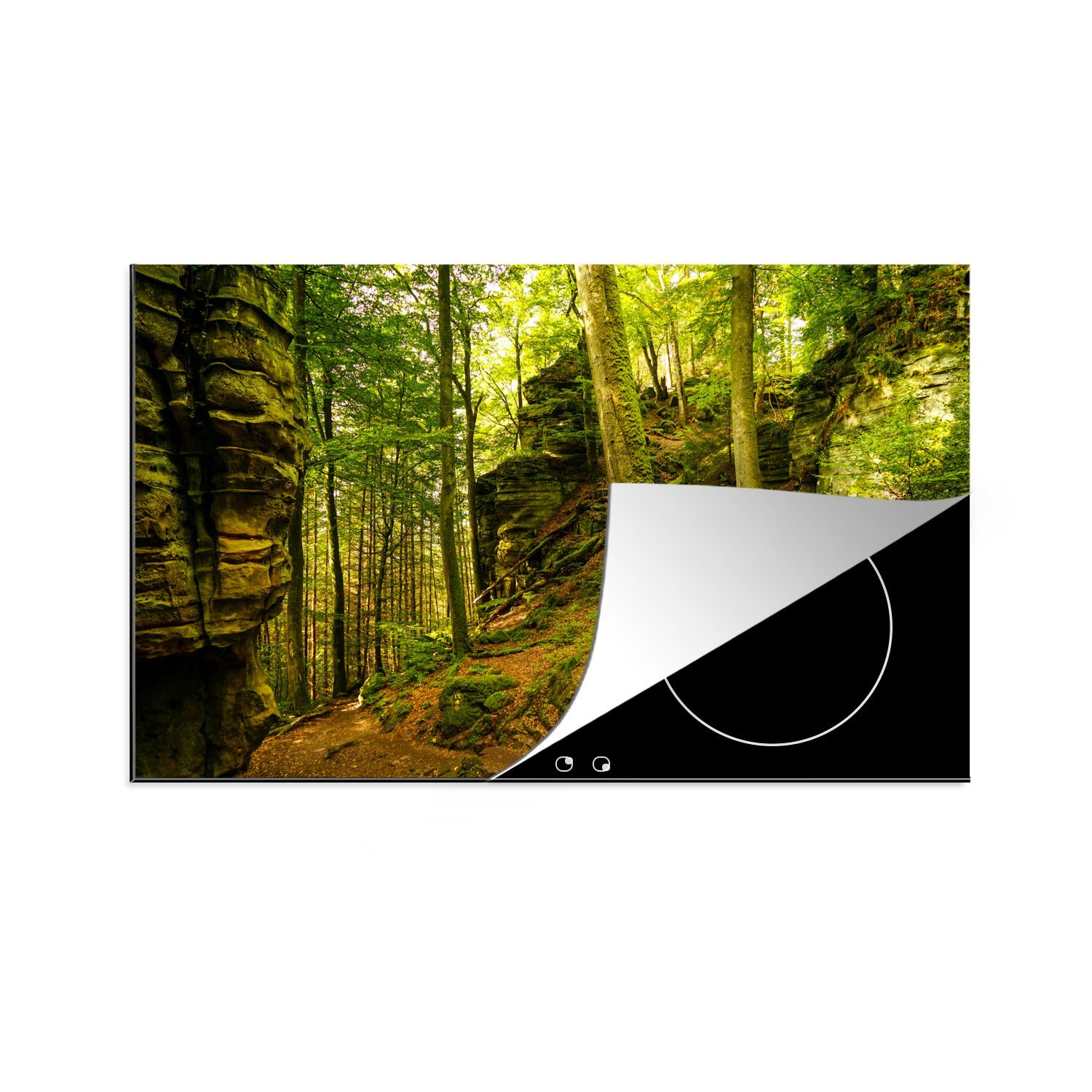 MuchoWow Herdblende-/Abdeckplatte Bäume - Stein - Wald - Natur - Pflanzen, Vinyl, (1 tlg), 77x51 cm, Ceranfeldabdeckung, Arbeitsplatte für küche