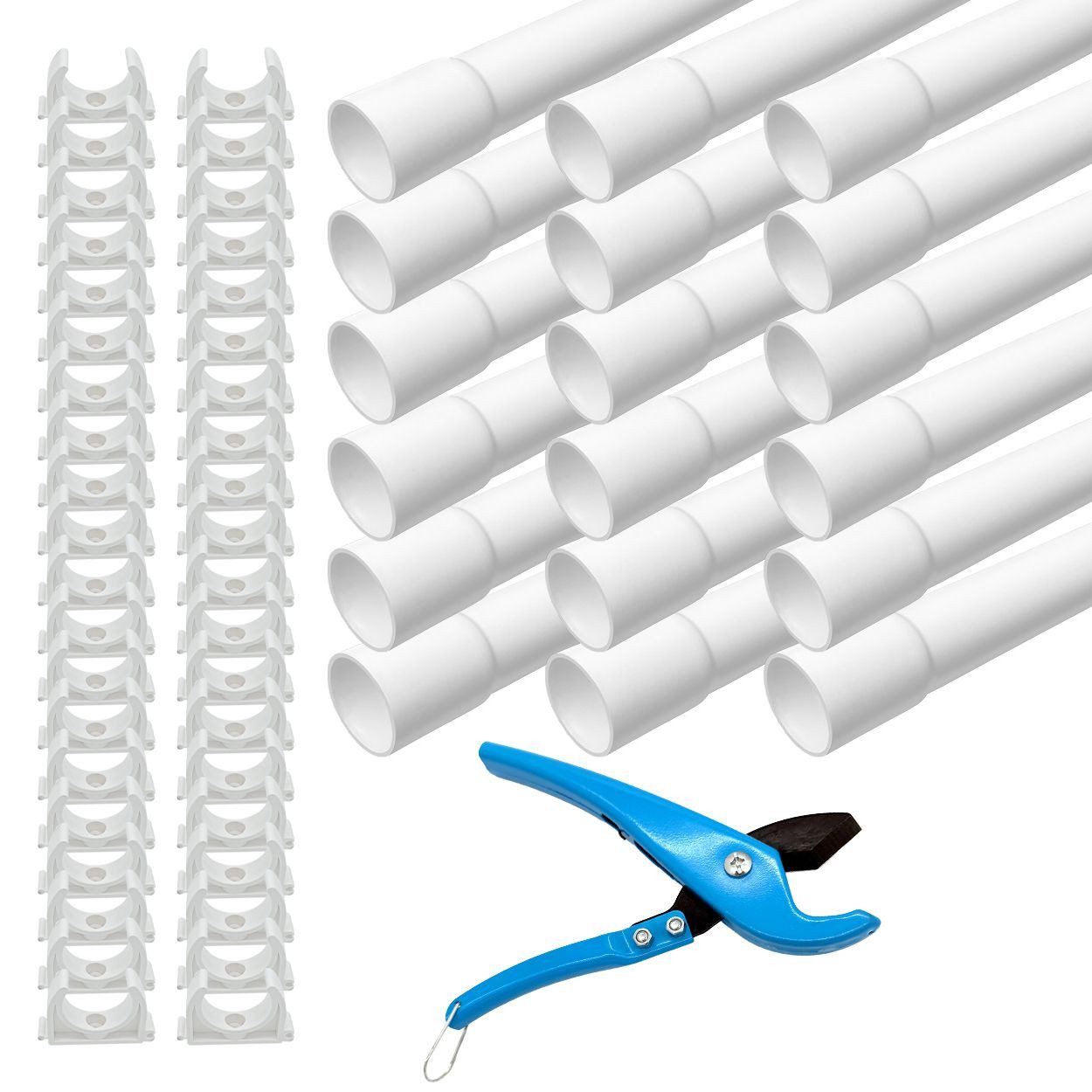 ARLI Leerrohr Installationsrohr M16 M20 M25 M32 PVC mit 40 50 25 20 Klemmschellen, (Set, 18-tlg), Elektrorohr, gemufft M16 – 18 Meter (18 Stangen à 1 m) mit 40 Klemmschellen starr