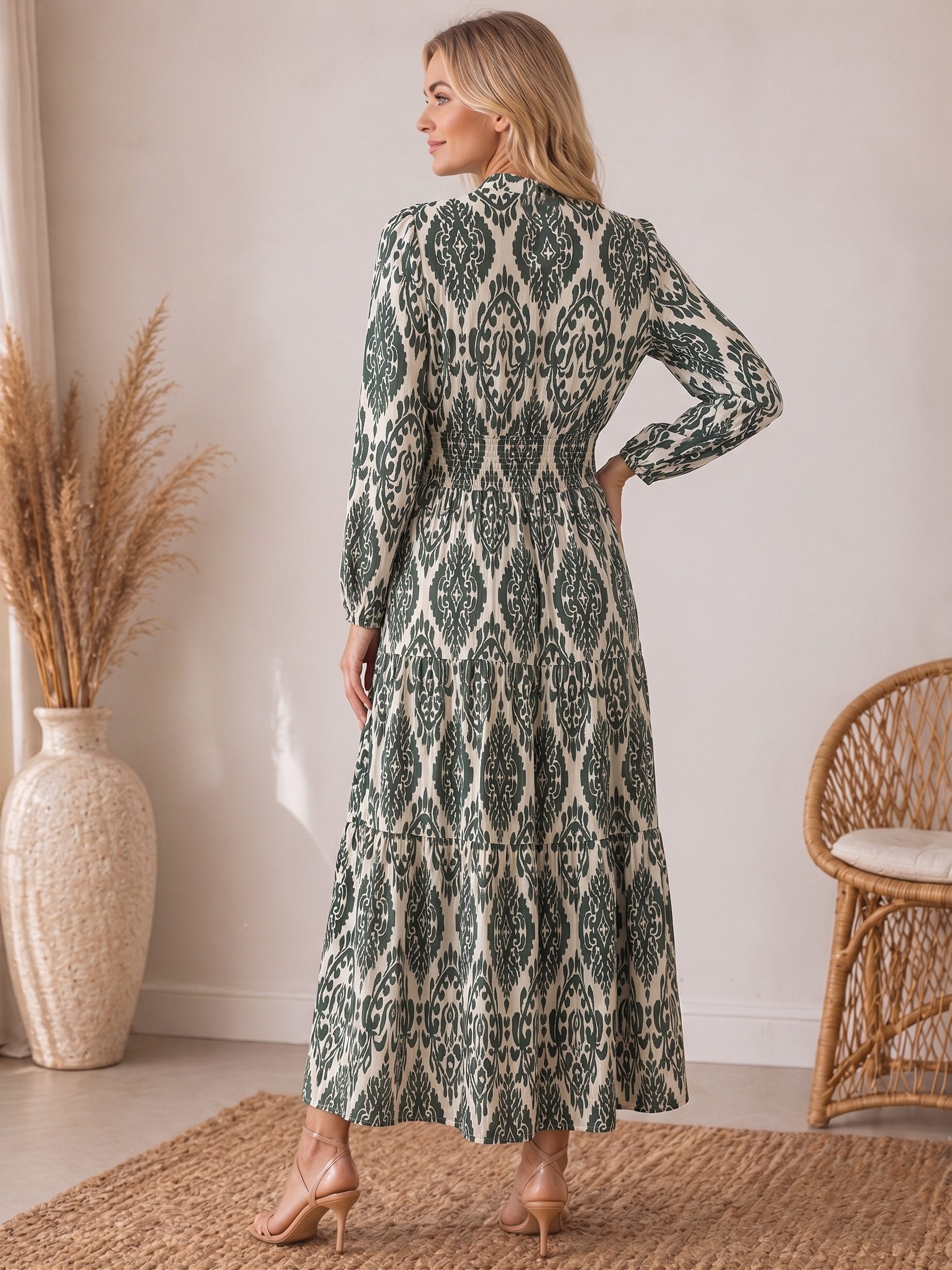 Kendindza Collection Maxikleid Sommerkleid Damen Lang Viskose Elegantes Sommer Kleid lang Maxi Kleid Ikat-Print Knopfleiste & Schnurbund, Luftig Leicht – Bild 4 von 4