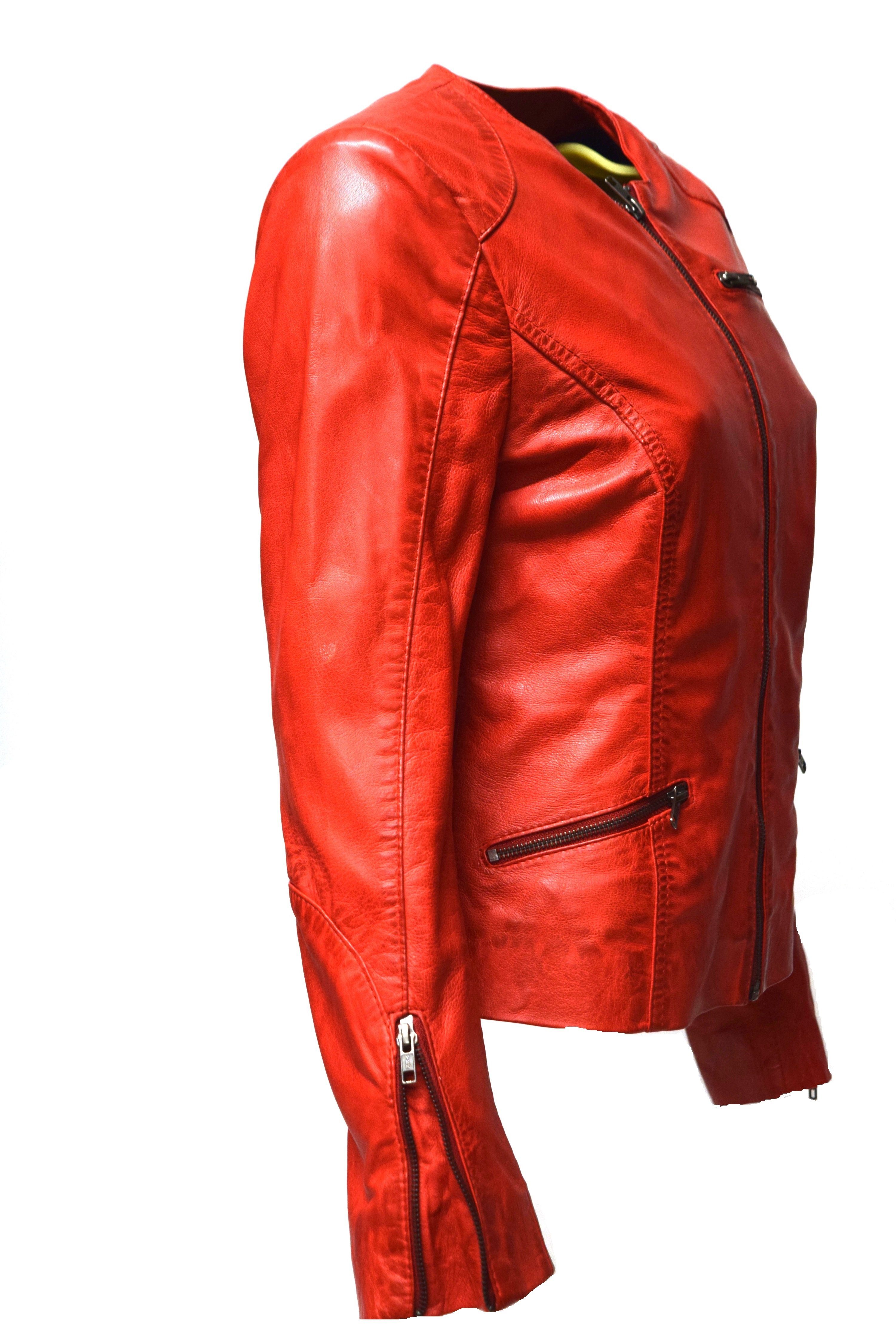 Kragenlos, Kim Leder Lederjacke Leather weiches Zimmert und rot leichtes