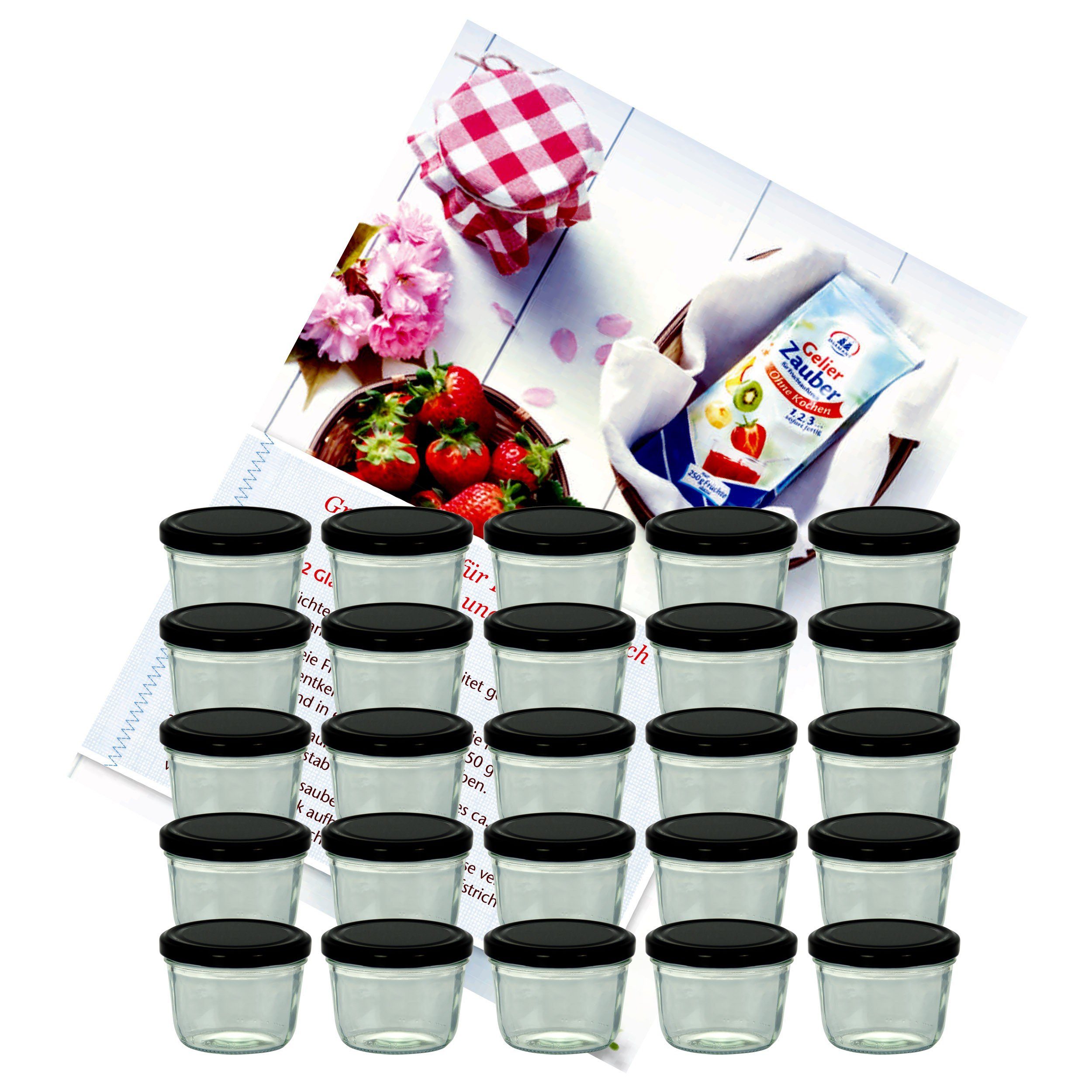 MamboCat Einmachglas 25er Set Sturzglas 230 ml Marmeladenglas Einmachglas Einweckglas To 82 schwarzer Deckel incl. Diamant-Zucker Gelierzauber Rezeptheft