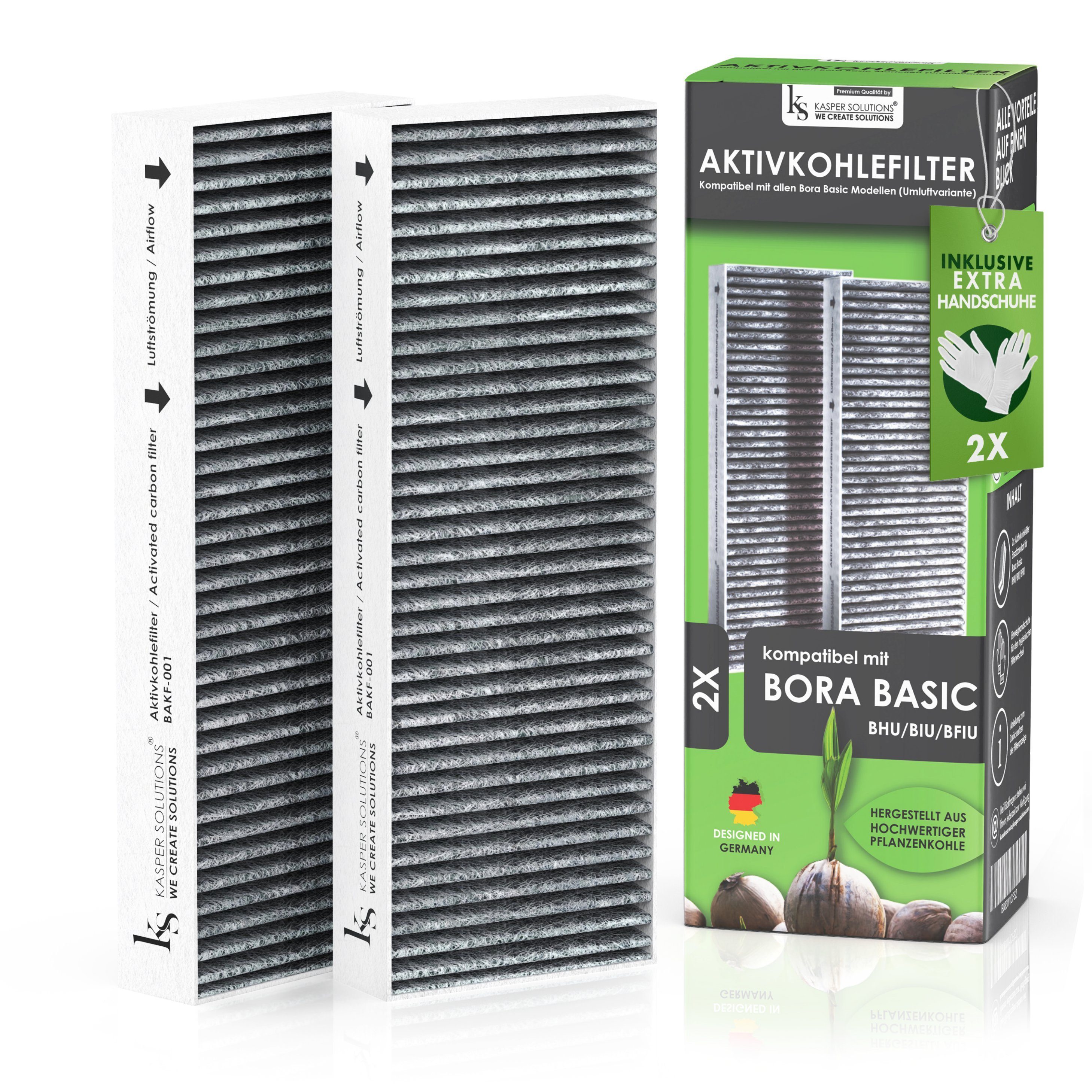 Kasper Solutions® Aktivkohlefilter Kasper Solutions® Aktivkohlefilterset kompatibel mit Bora Basic, Zubehör für Alle Bora Basic Modelle (Umluftvariante), Extrem hoher Pflanzenaktivkohlegehalt für angenehme frische Luft