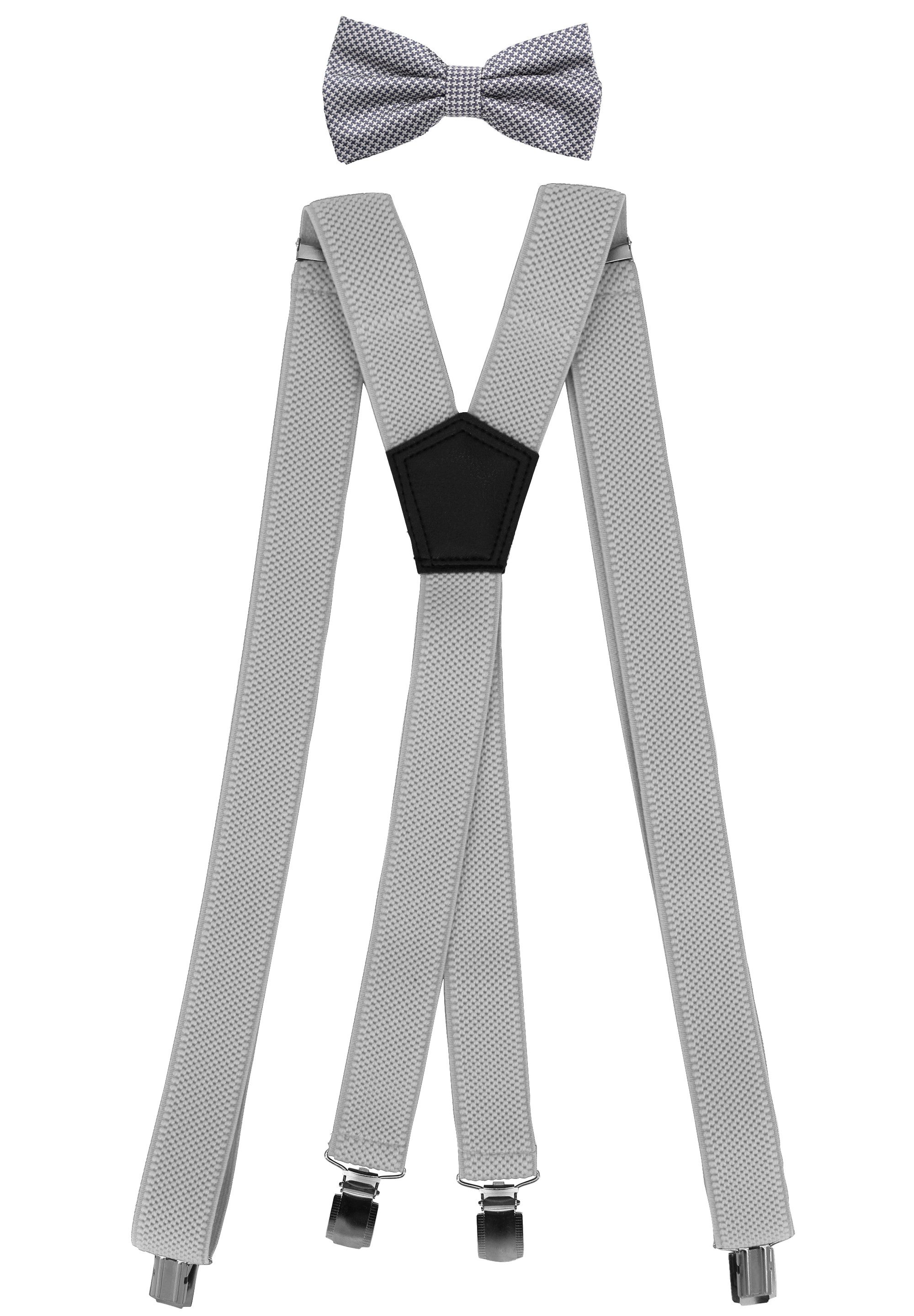 Fabio Farini Hosenträger Herren Hosenträger Pack 3cm X-Form mit passender Fliege Set Hellgrau 3cm Hosenträger - Hellgrau/Schwarz Hahnentritt Fliege