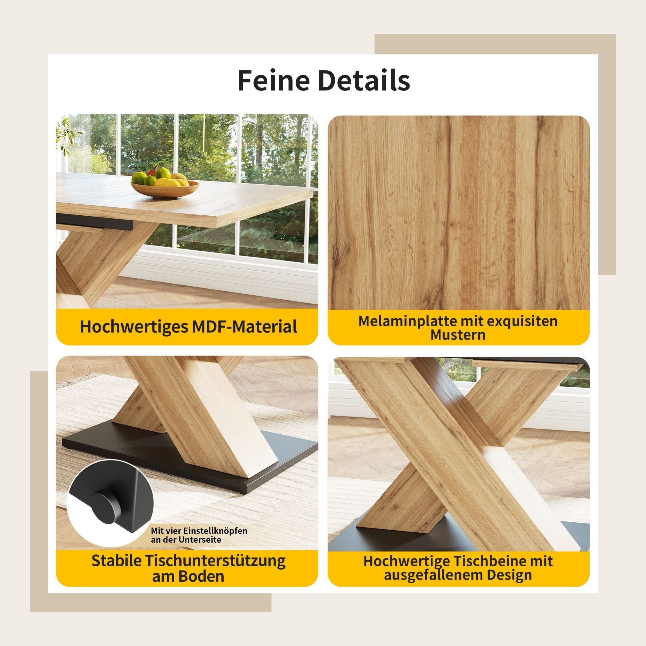 SeedWave Esstisch Ausziehbarer Esstisch (119-158 cm), Design mit X-förmigen Beinen, Für 4-6, Stauraum unter der Tischplatte, Verstellbare Fußpolster