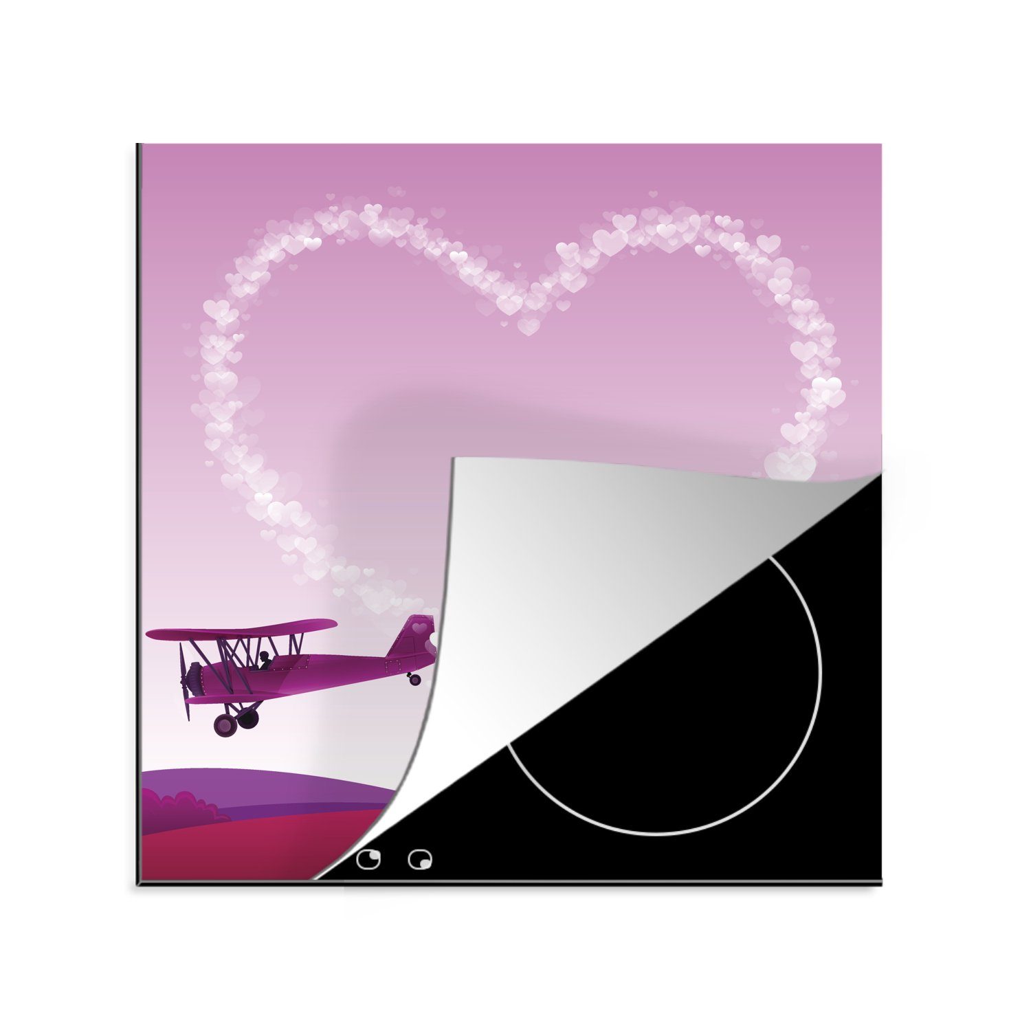 MuchoWow Herdblende-/Abdeckplatte Eine Illustration eines Flugzeugs in einem rosa Himmel, Vinyl, (1 tlg), 78x78 cm, Ceranfeldabdeckung, Arbeitsplatte für küche