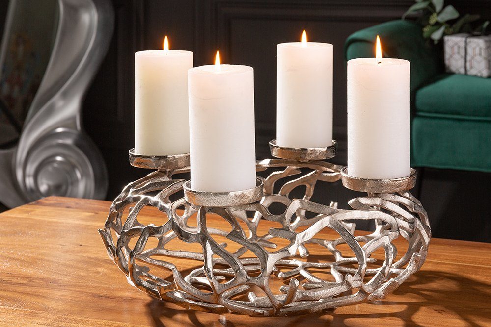 riess-ambiente Kerzenhalter ABSTRACT 38cm silber, Metall · Deko · Kranz aus Ästen · für 4 Kerzen · Wohnzimmer, eleganter Kerzen-Kranz mit Platz für vier Stumpenkerzen