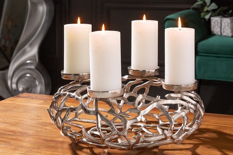 riess-ambiente Kerzenhalter ABSTRACT 38cm silber (1 St), Metall · Deko ·  Kranz aus Ästen · für 4 Kerzen · Wohnzimmer