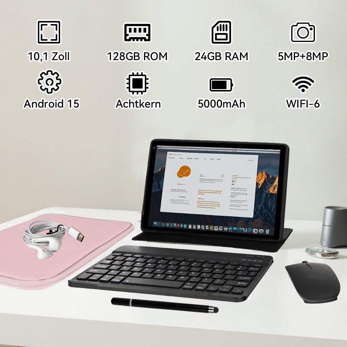 BUFO 10 Zoll Android 15, 4GB RAM 128 GB, mit Tastatur Maus Stift hülle Tablet (10", 128 GB, Android 15, mit AF und Blitz, zwei 1W-Lautsprecher + zwei Mikrofone)