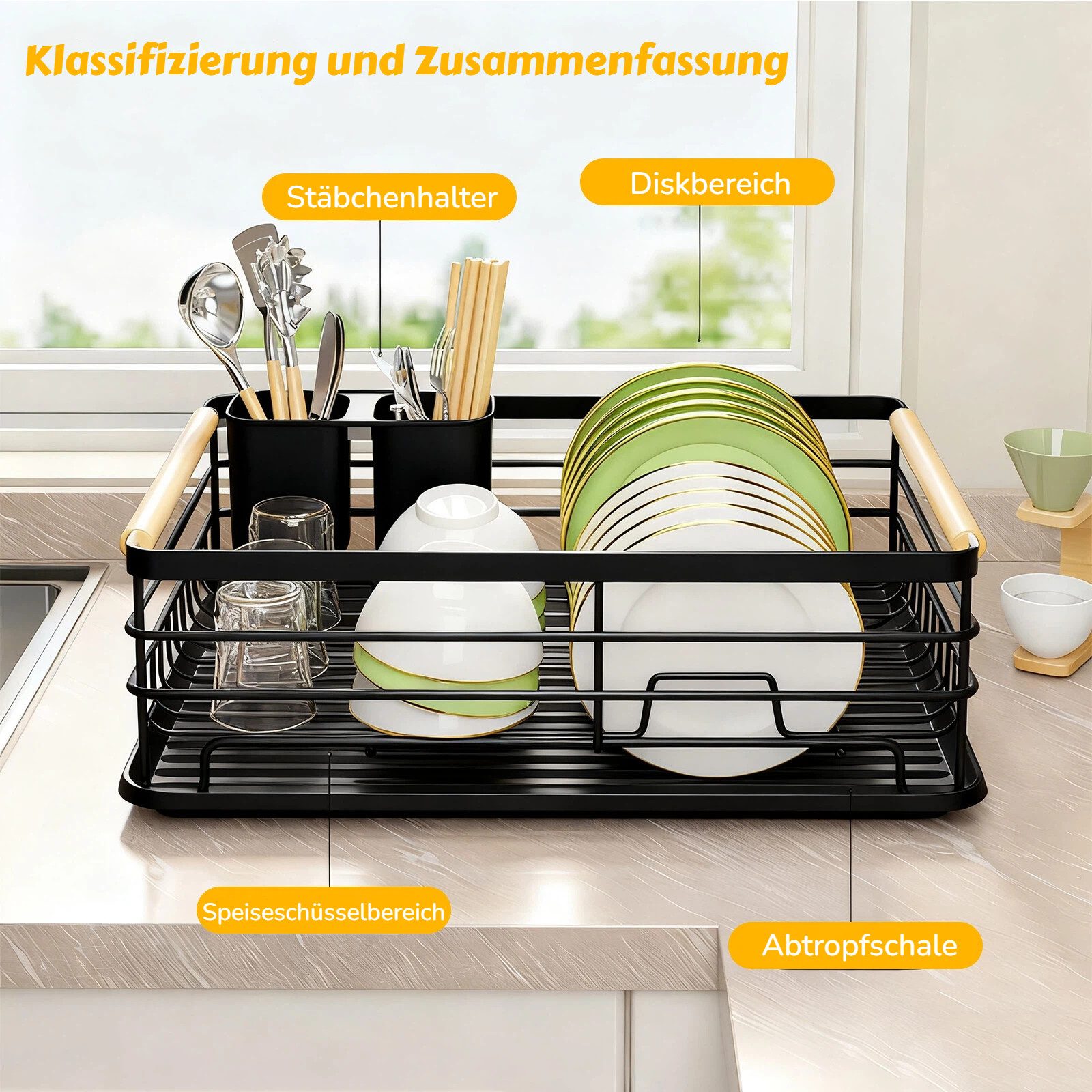 BlingBin Geschirrständer Geschirr Abtropfgestell mit Auffangschale, 43 × 30,5 × 14 cm, Rostfrei Spülkorb mit Holzgriff für Teller, Töpfe & Besteck, Schwarz