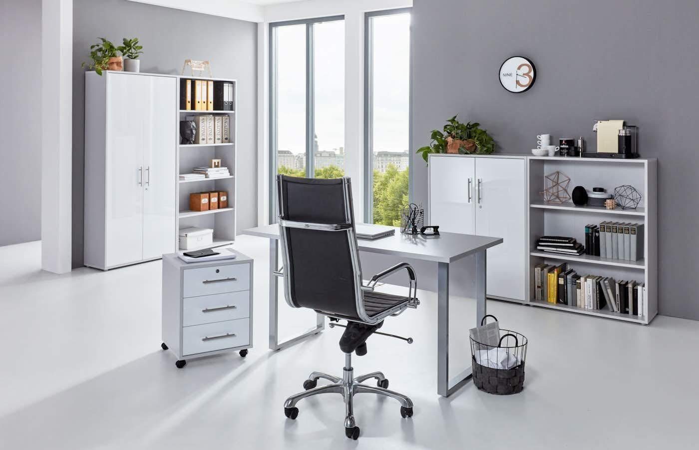 Möbel Homeoffice GERMANY Office Büromöbel-Set Lichtgrau/Weiß Set Edition Mini in Matt IN Arbeitszimmer MADE BMG Set komplett Büromöbel 1,